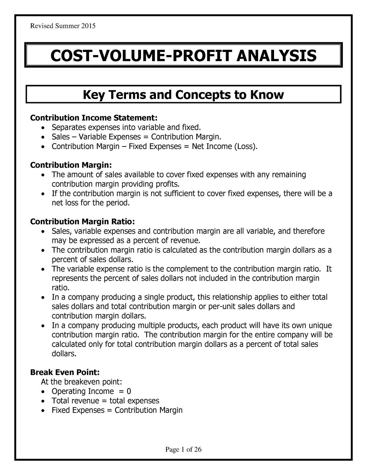 Cost Volume Profit CR Lecture Notes COST VOLUME PROFIT ANALYSIS Key 