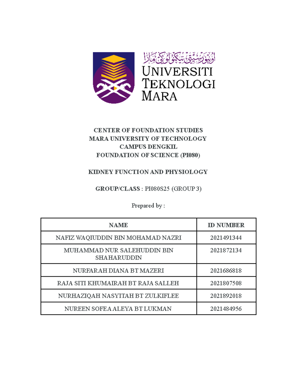 LAB REPORT EXPERIMENT 3 KIDNEY FUNCTION AND PHYSIOLOGY CENTER OF