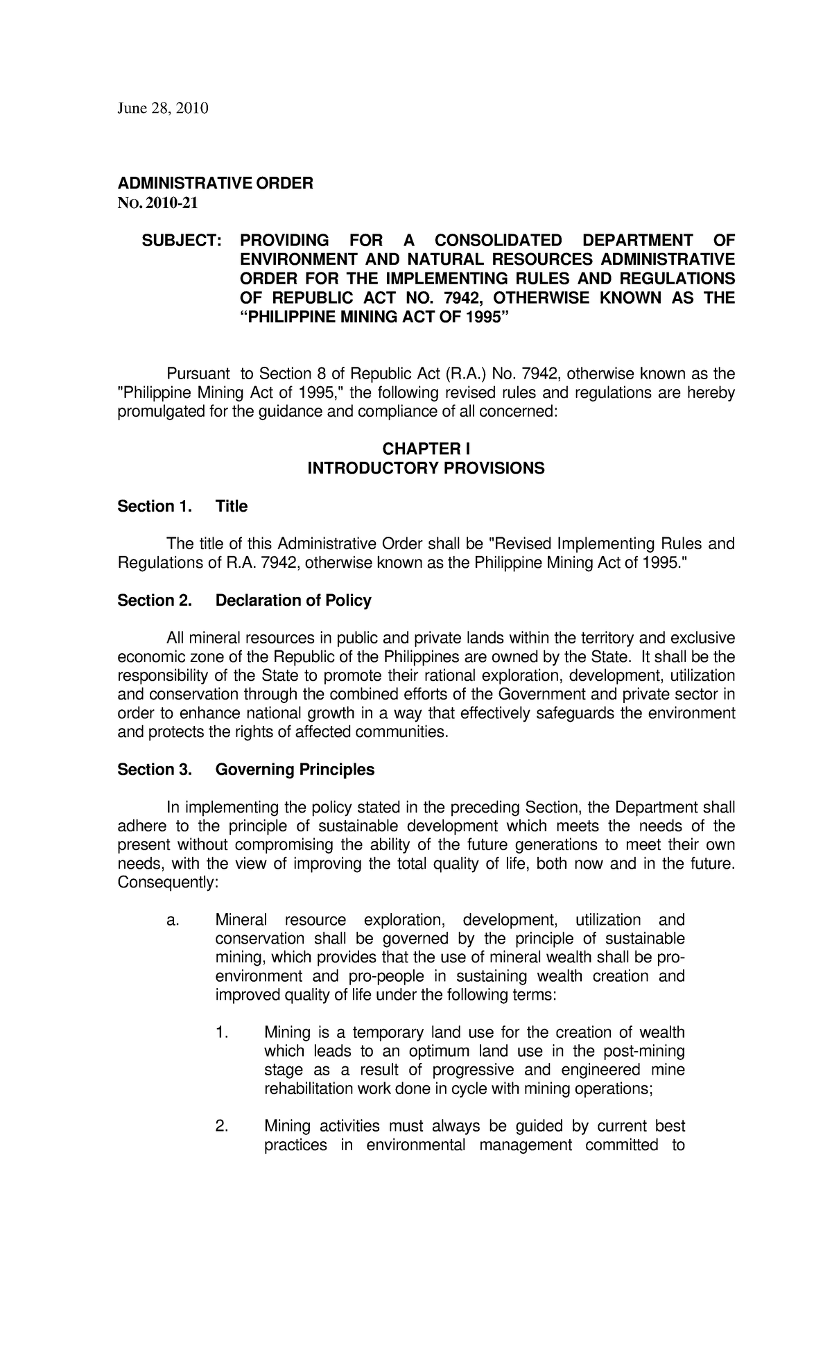 DENR Admin Order 2020-21 - June 28, 2010 ADMINISTRATIVE ORDER NO. 2010 ...