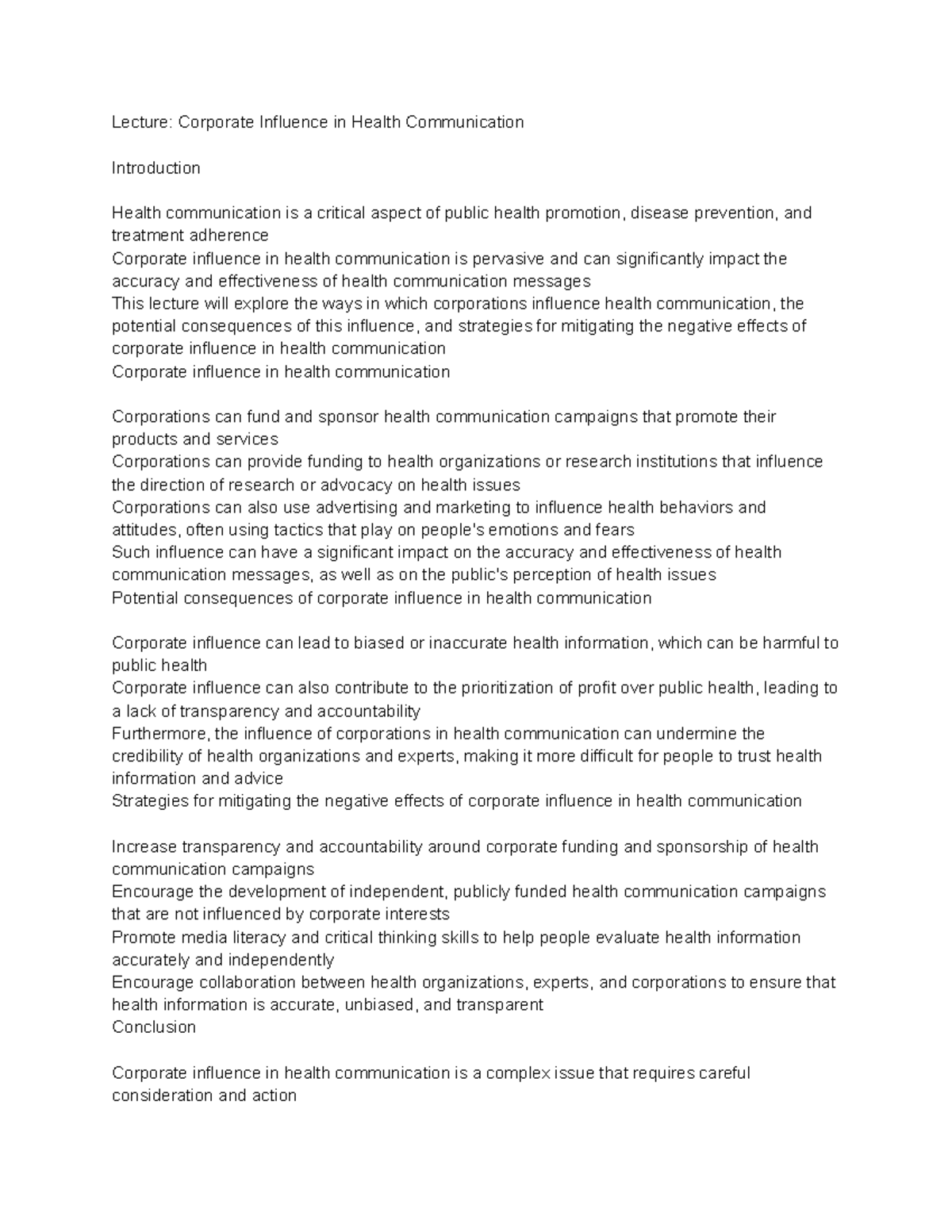 Health Communications (HLE2410) Lecture 30 Corporate Influence in