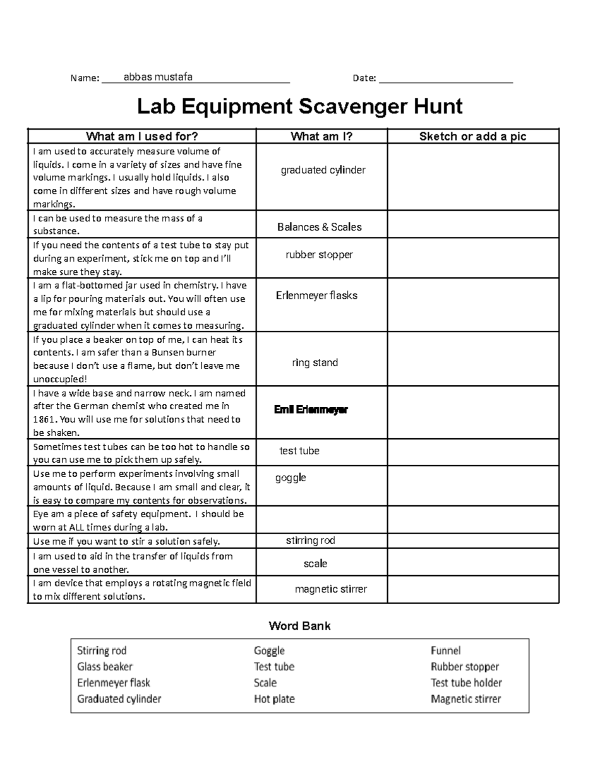 Abbas Mustafa Lab Equipment Scavenger Hunt V1 Name
