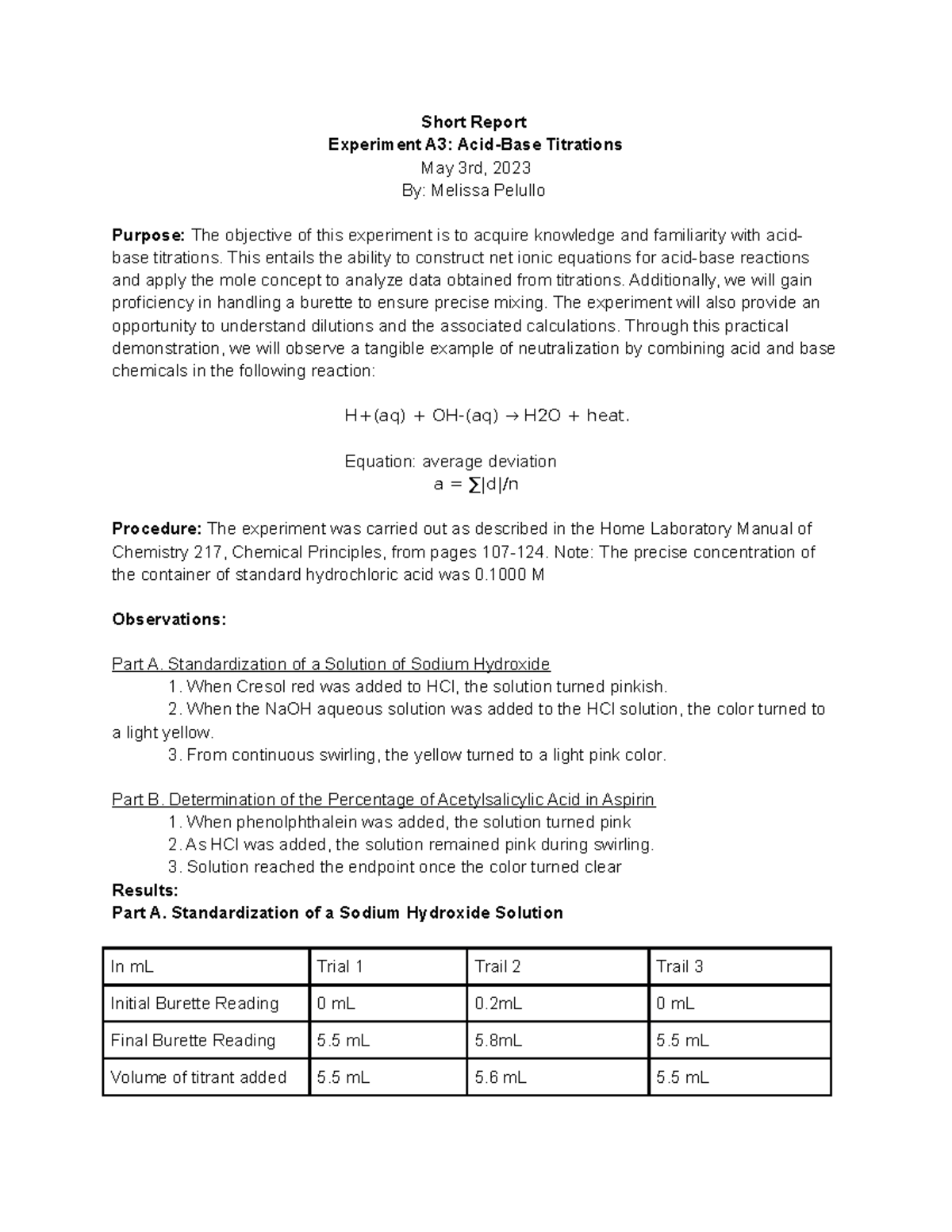 Lab A3 Lab report Short Report Experiment A3 AcidBase Titrations May 3rd, 2023 By Melissa