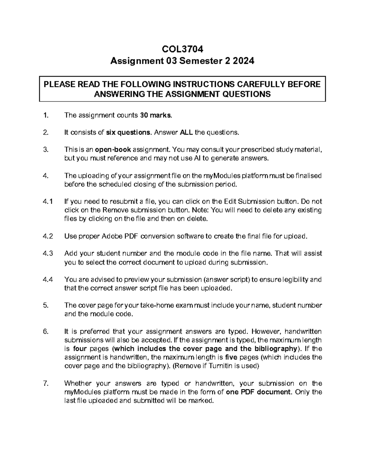 2024 CLAW COL3704 SEM2 assignment 03 - COL Assignment 03 Semester 2 ...