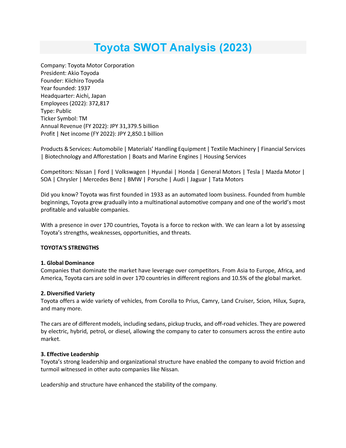 Toyota-SWOT-Analysis 2023 - Toyota SWOT Analysis (2023) Company: Toyota ...