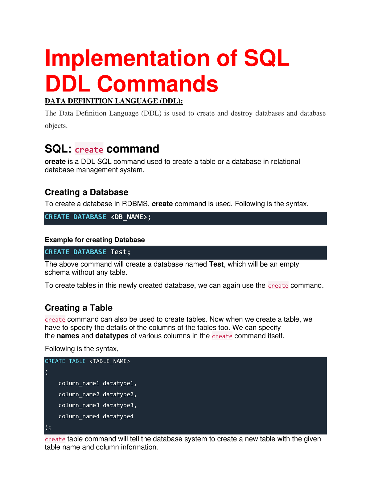 DDL Commands Lecture Notes Implementation of SQL DDL Commands DATA
