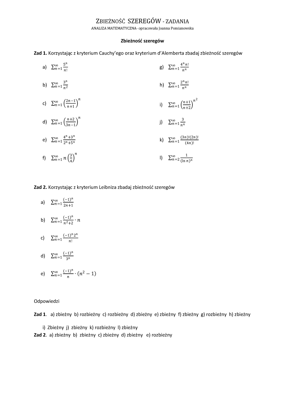 Zbieżność Szeregów Materiały Z Przedmiotu Matematyka Wsb Poznań ZbieŻnoŚĆ SzeregÓw 4745
