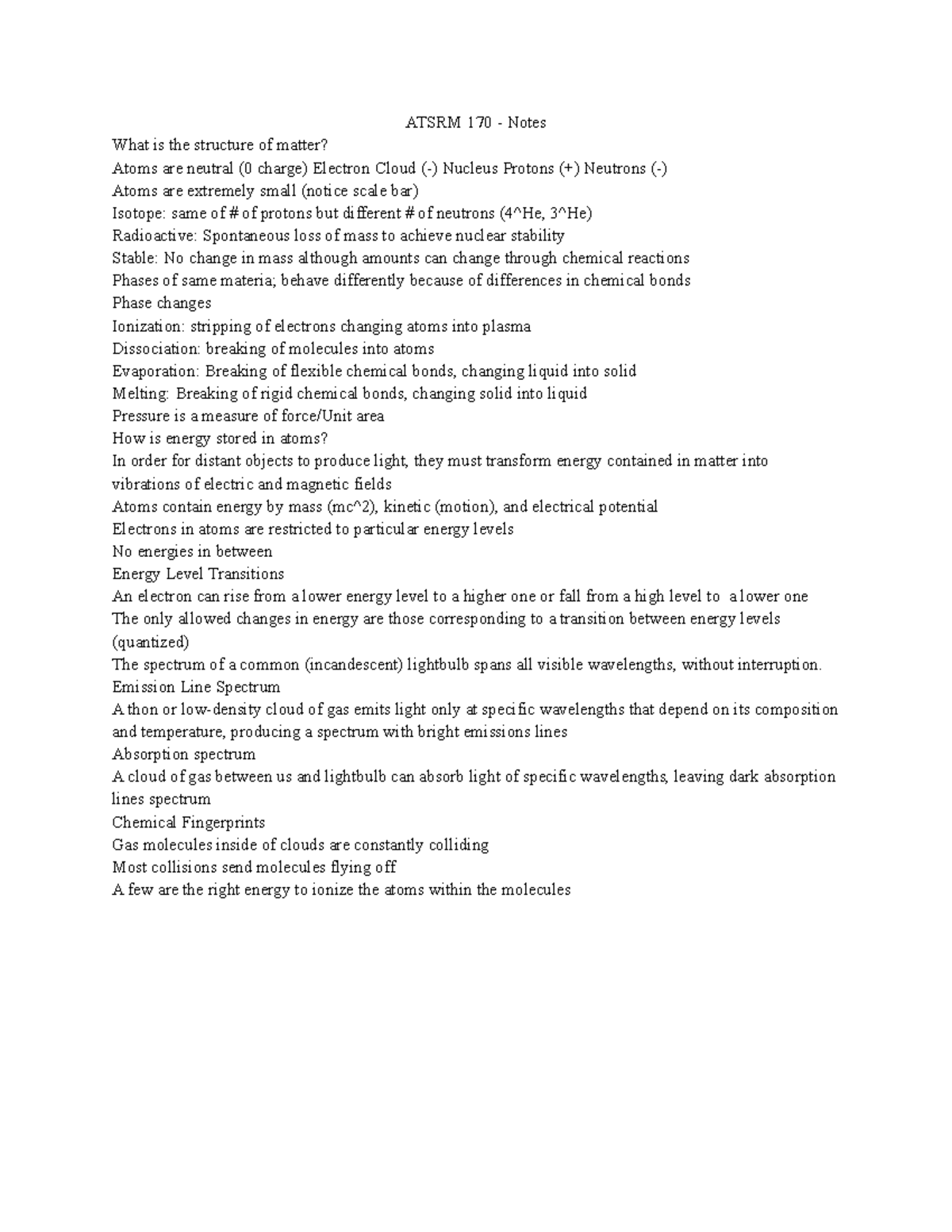 Atsrm 170 - Notes - ATSRM 170 - Notes What is the structure of matter ...