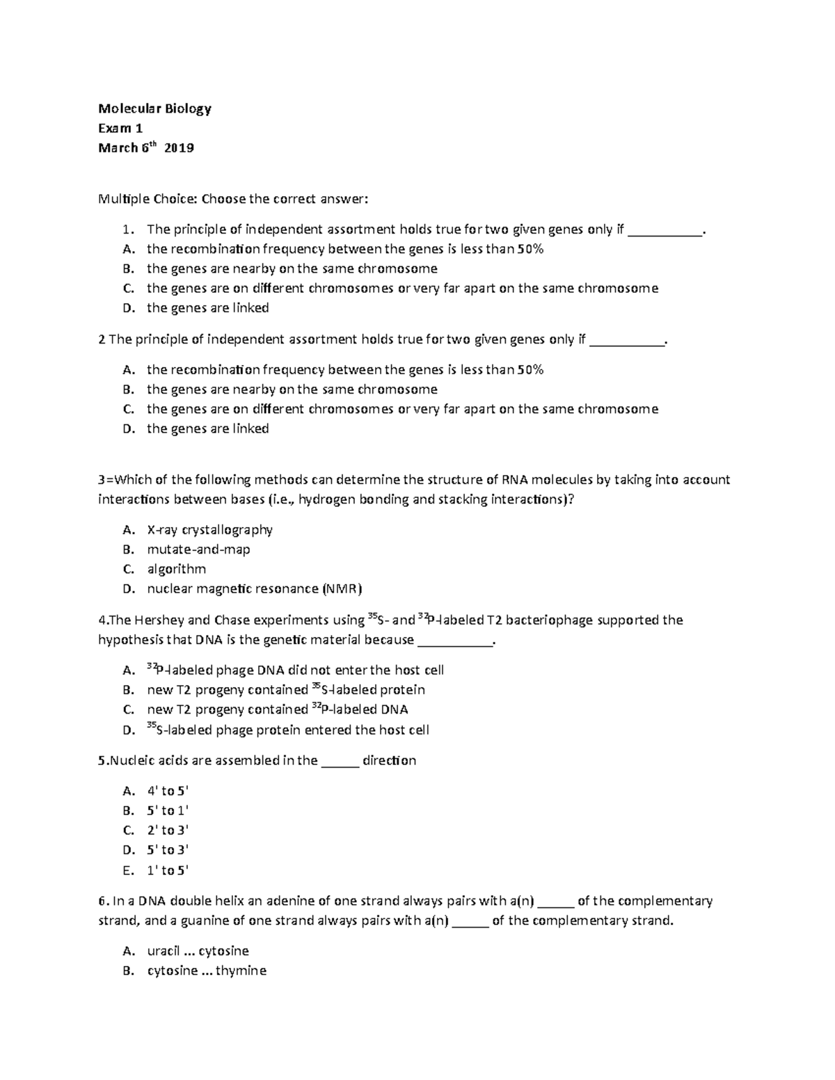 Mol bio exam 1 - exam 1 - Molecular Biology Exam 1 March 6th 2019 ...