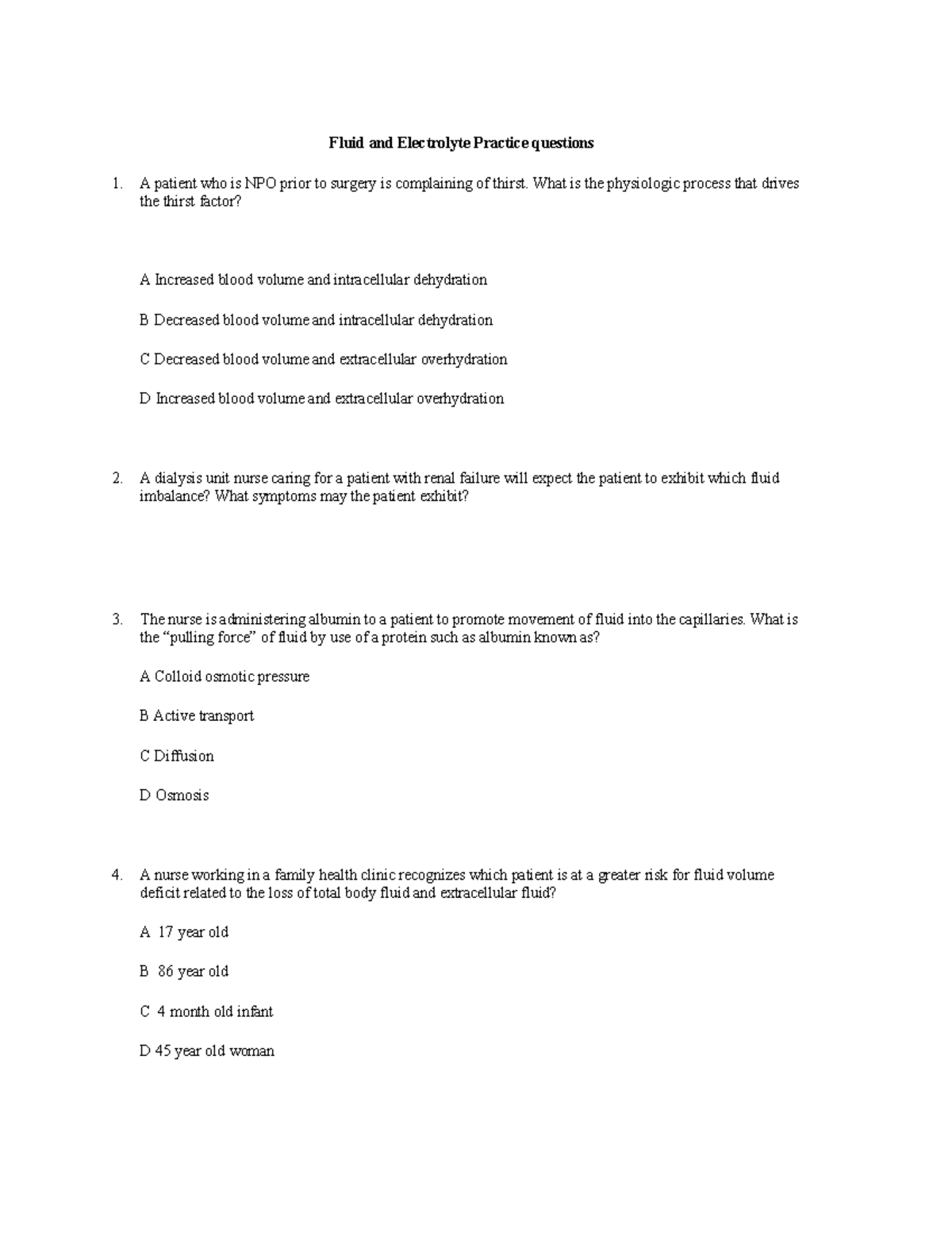 Fluid and Electrolyte Practice questions student Fluid and