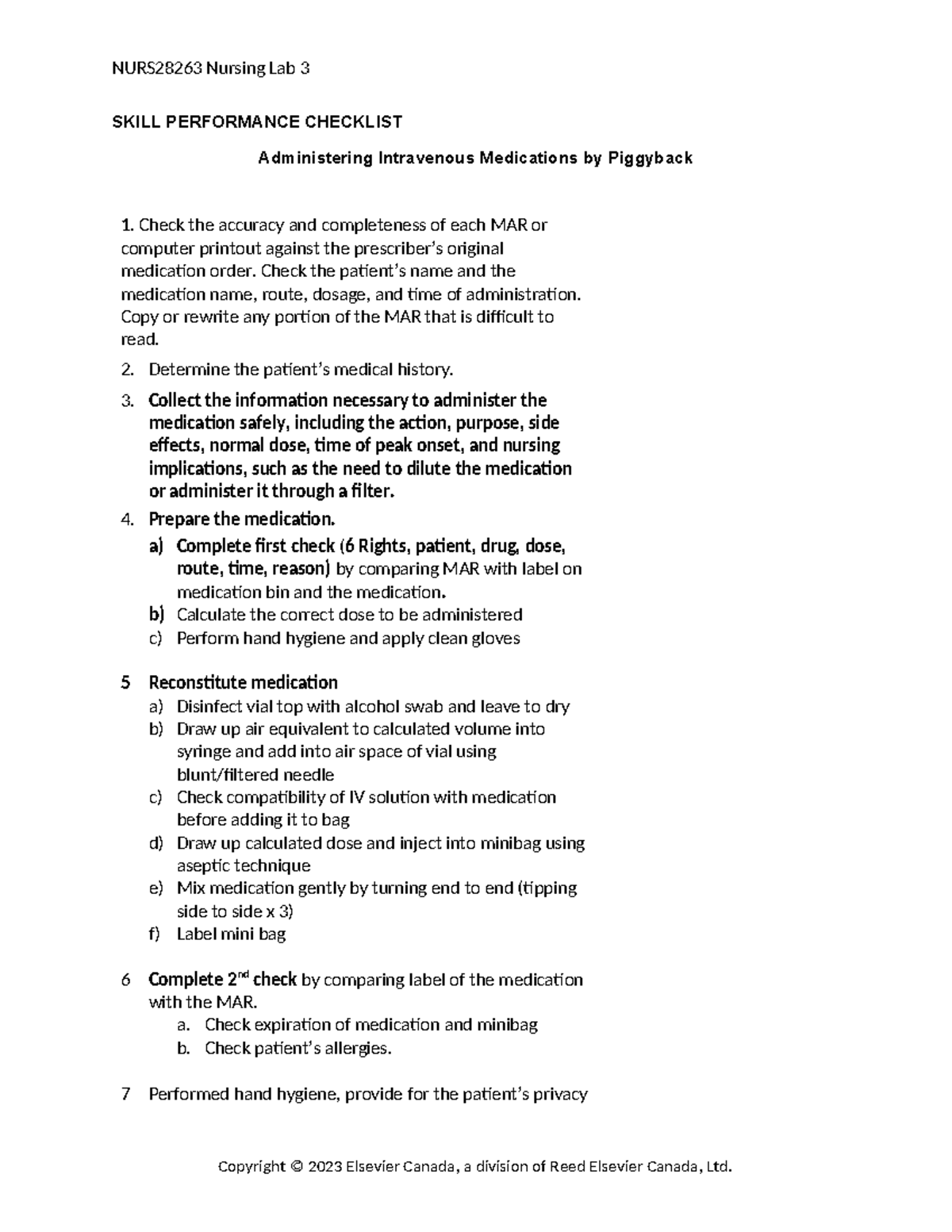 Administering IV Meds Skills Checklist W2023 - NURS28263 Nursing Lab 3 ...