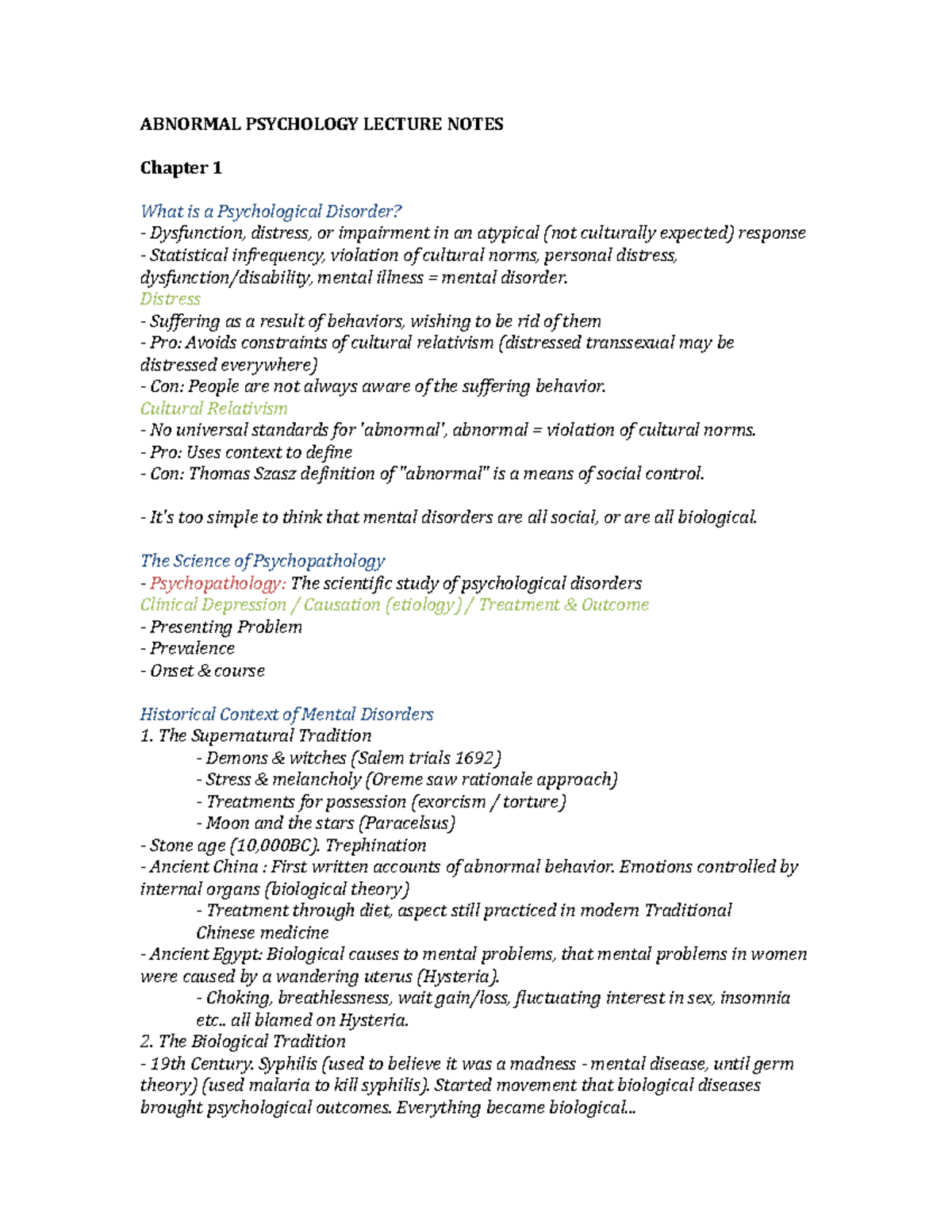 Abnormal Psyc Lecture Notes First Term - ABNORMAL PSYCHOLOGY LECTURE ...