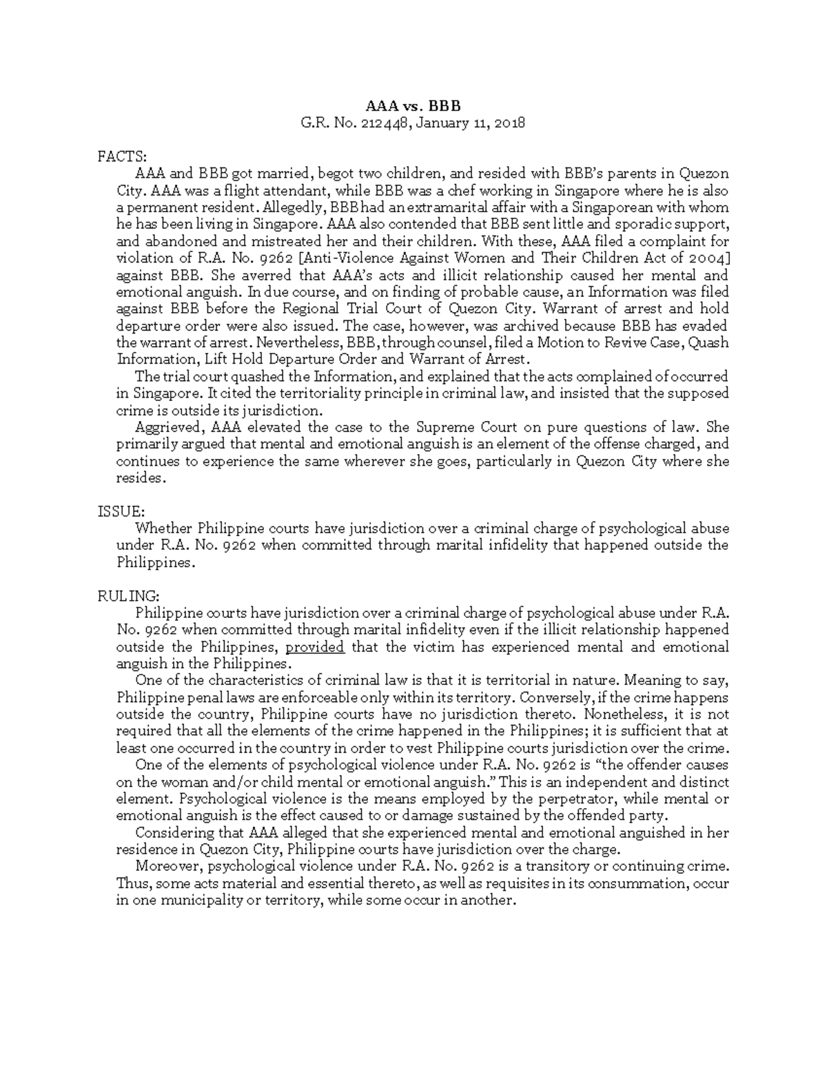 Digest AAA vs. BBB - AAA vs. BBB G. No. 212448, January 11, 2018 FACTS ...