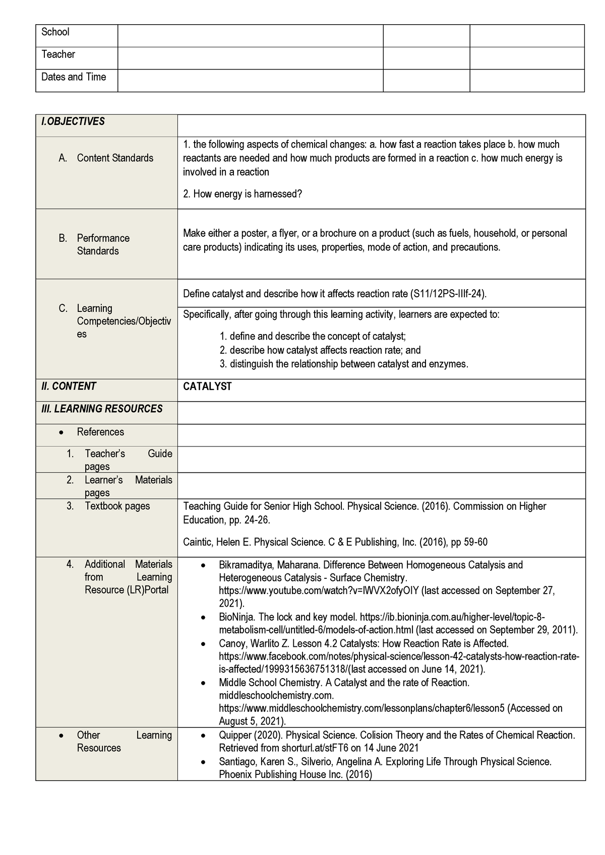 Catalyst LP - Lesson Plan - I A. Content Standards the following ...