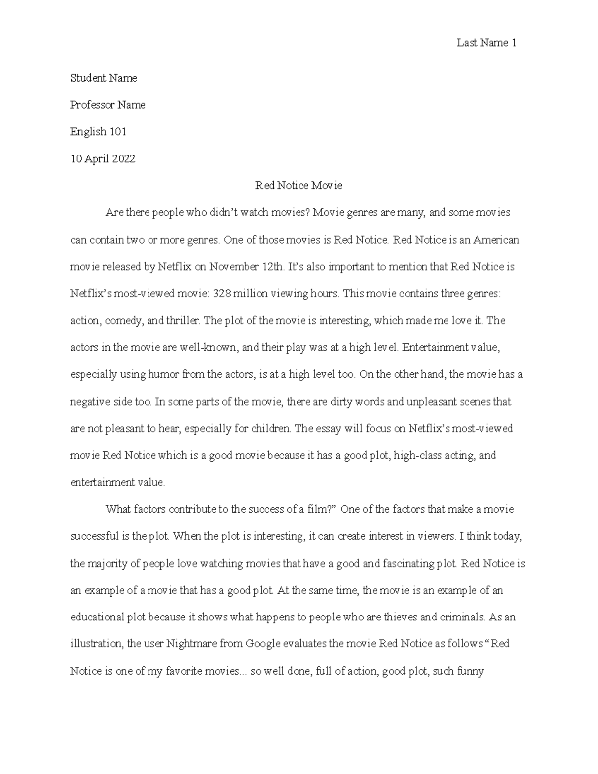 Essay 2 Red Notice Movie Student Name Professor Name English 101 10