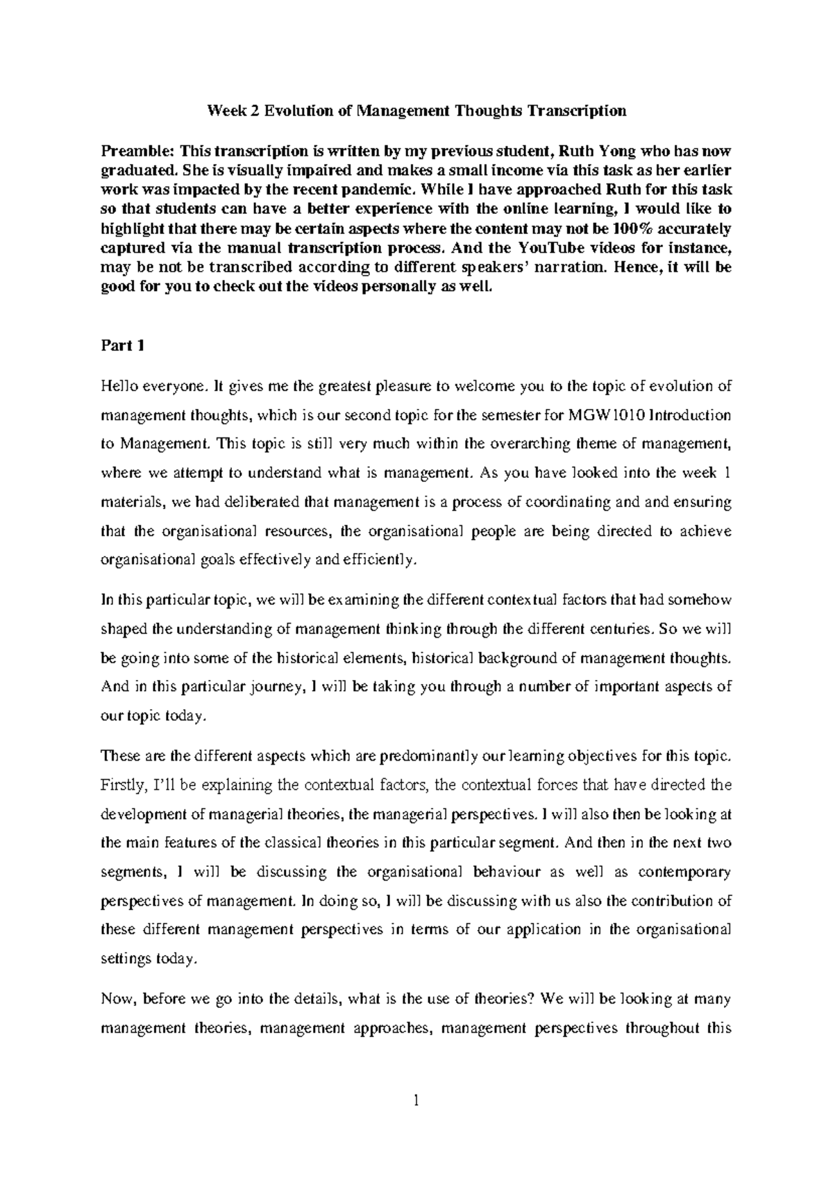 Week 2 Evolution of Management Thoughts Lecture Transcription - Week 2 ...