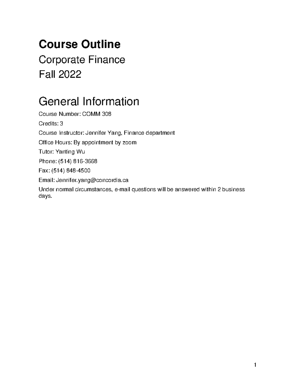 Comm 308 Course Outline Section Cc Fall 2022 Course Outline Corporate Finance Fall 2022 3079