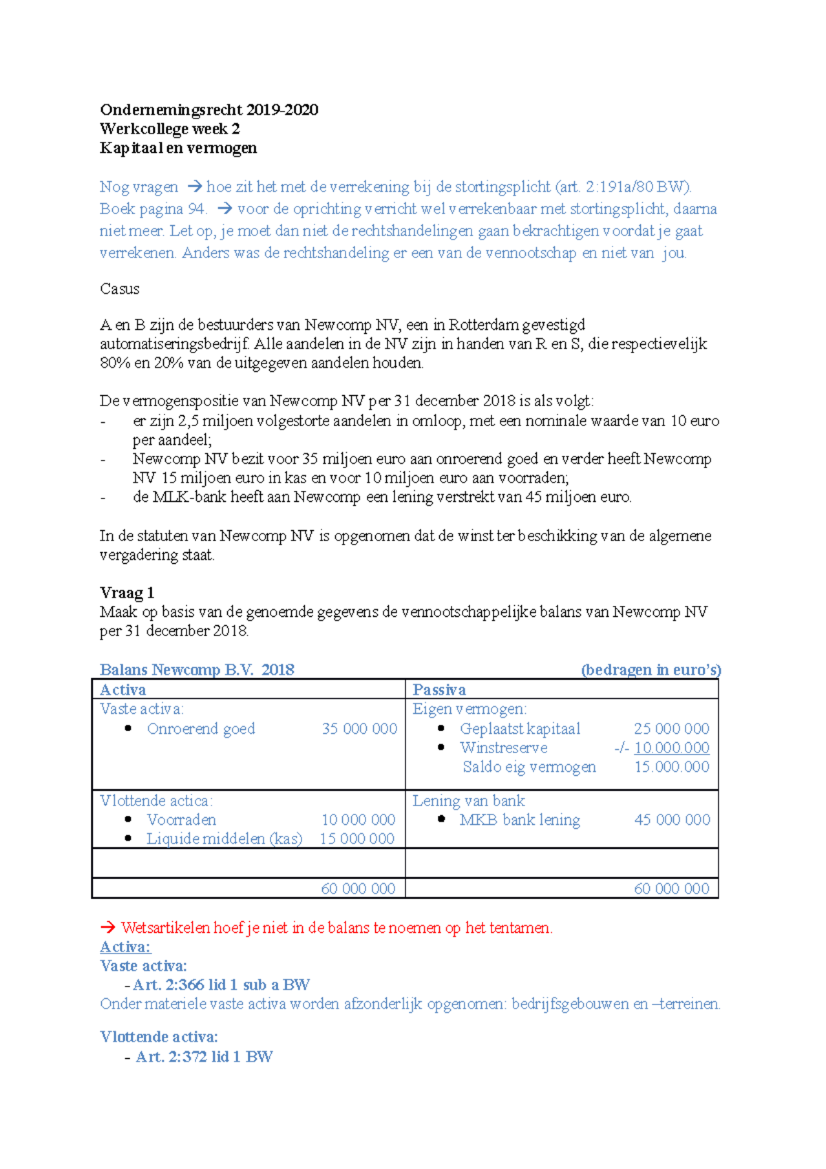 Opdrachten Werkcollege Week 2 OR 2019-2020 - Ondernemingsrecht 2019 ...