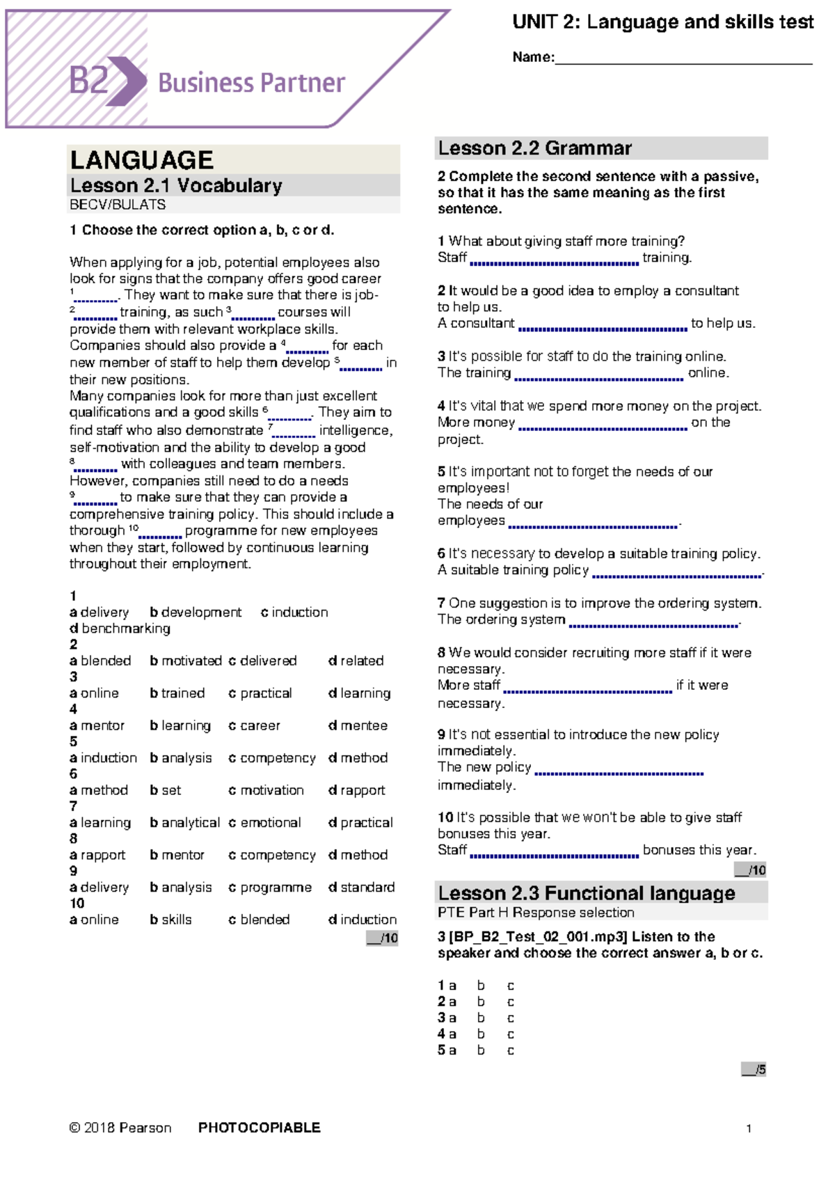 BP B2 Tests Unit2 - Name:_________________________________ LANGUAGE ...