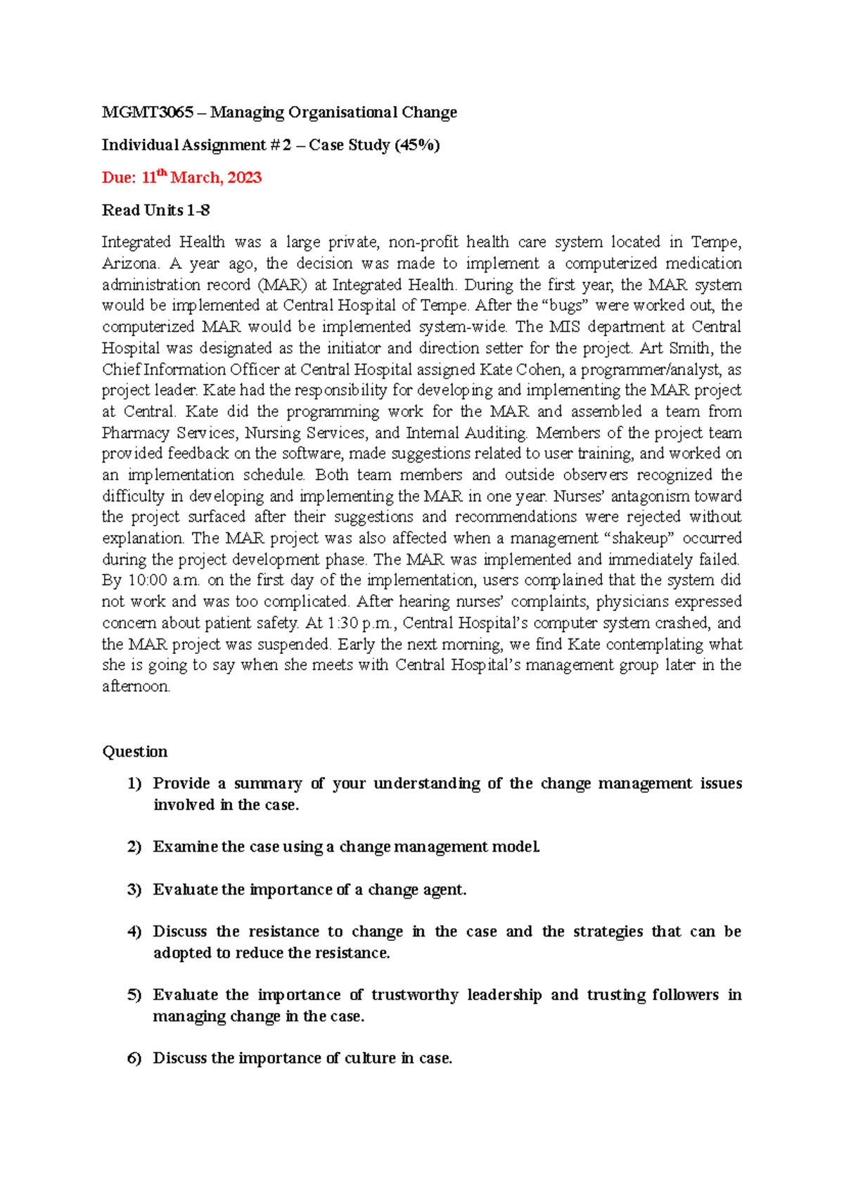 MGMT3065 - Individual Assignment # 2 - MGMT3065 – Managing ...