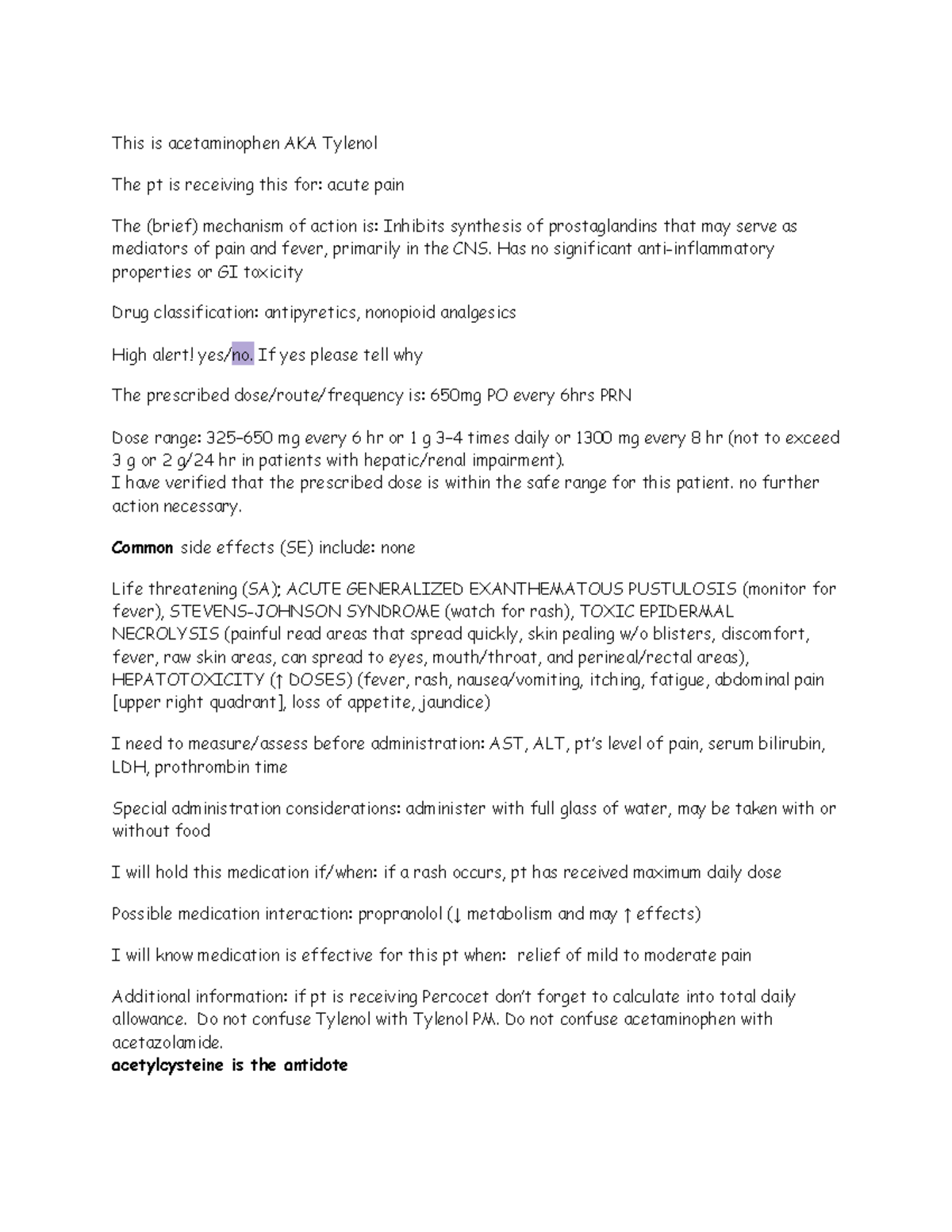 Acetaminophen drug cards // includes adverse reactions, interactions