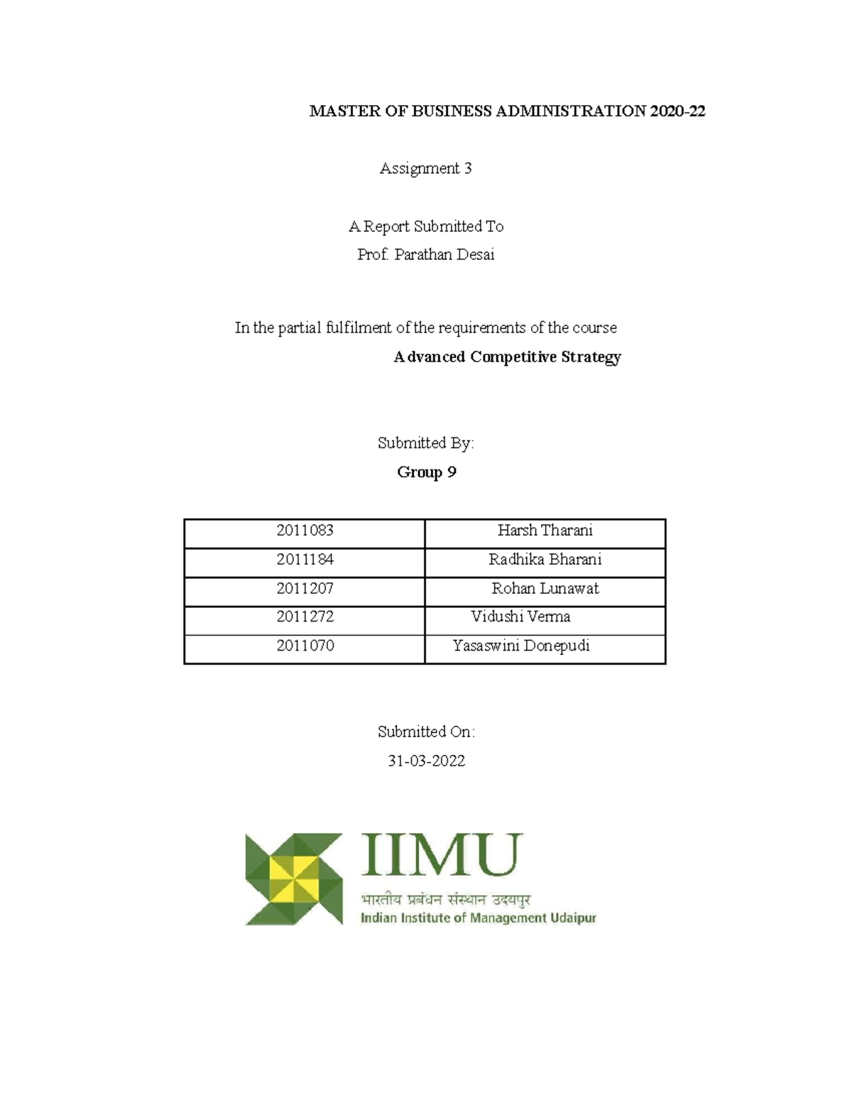 Group 9 Assignment 3 - MASTER OF BUSINESS ADMINISTRATION 2020 ...