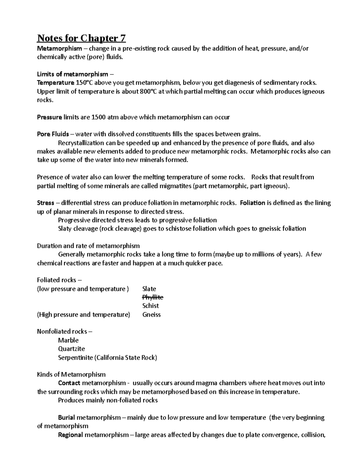 Notes for Chapter 7 Metamorphic rocks - Notes for Chapter 7 ...