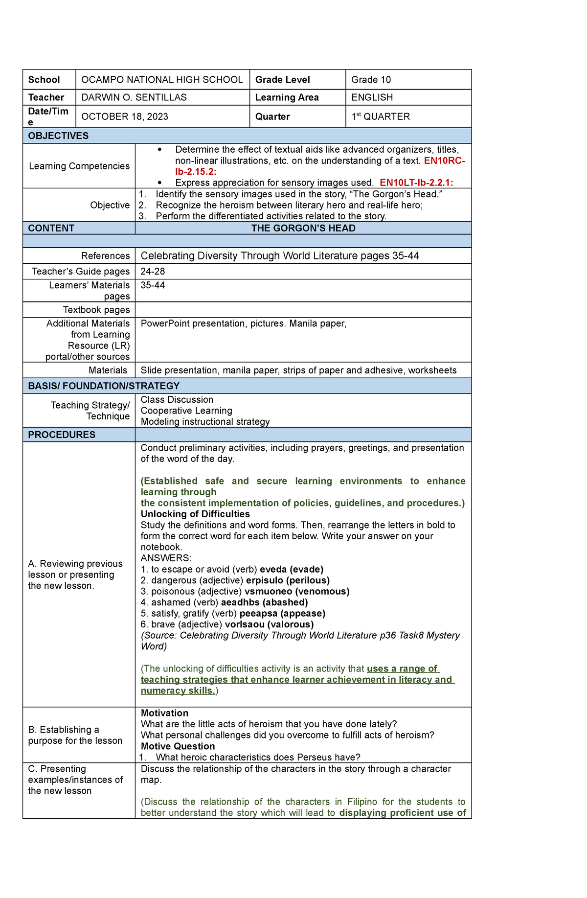 COQ1 - Lesson Plan - School OCAMPO NATIONAL HIGH SCHOOL Grade Level ...