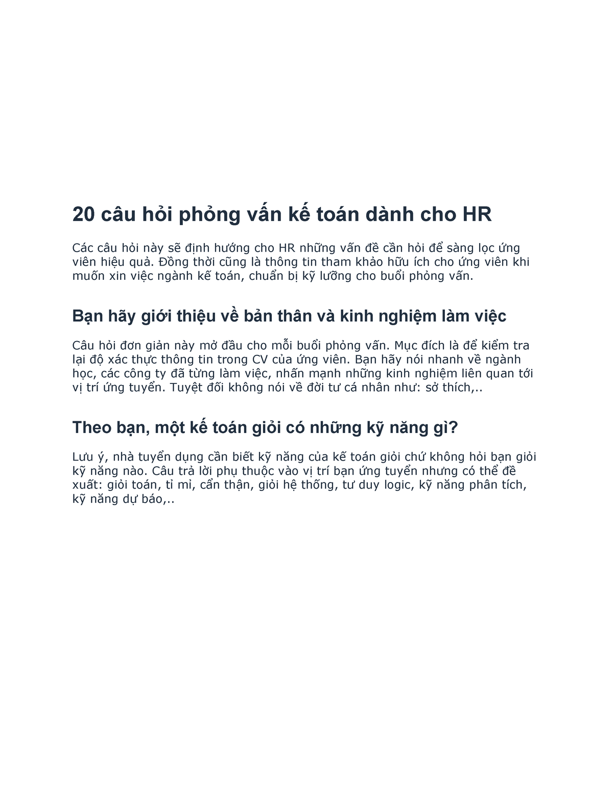20 câu hỏi phỏng vấn kế toán dành cho HR - 20 câu hỏi phỏng vấn kế toán dành cho HR Các câu hỏi này - Studocu