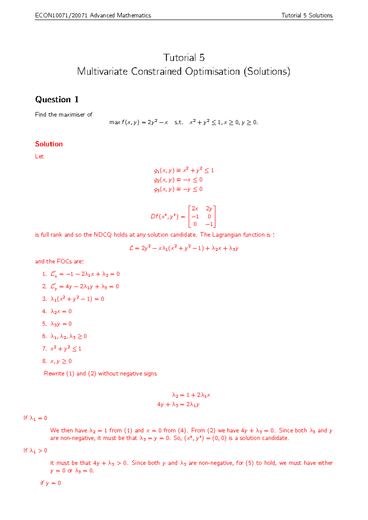 Advanced Mathematics 2023 24 Tutorial 5 solutions - ECON10071/20071 ...