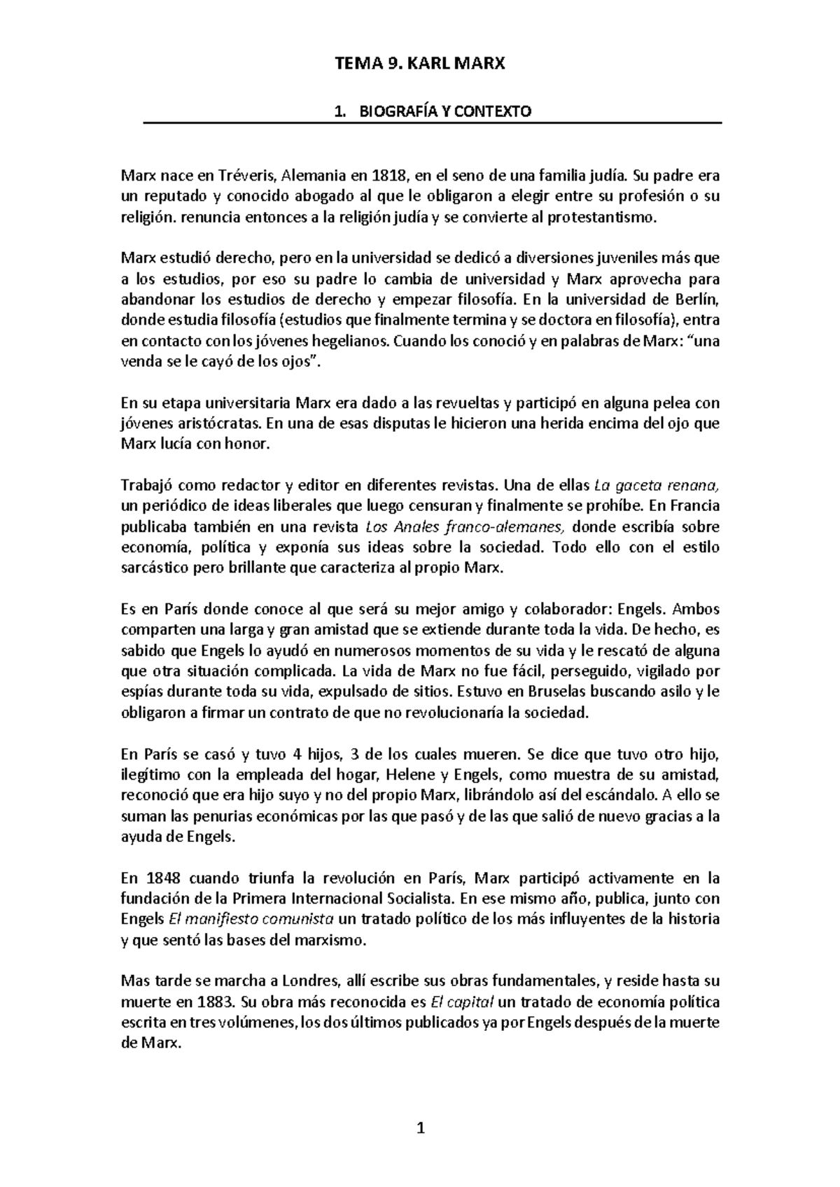 TEMA 9. KARL MARX - Karl Marx - 1. BIOGRAFÍA Y CONTEXTO Marx nace en ...