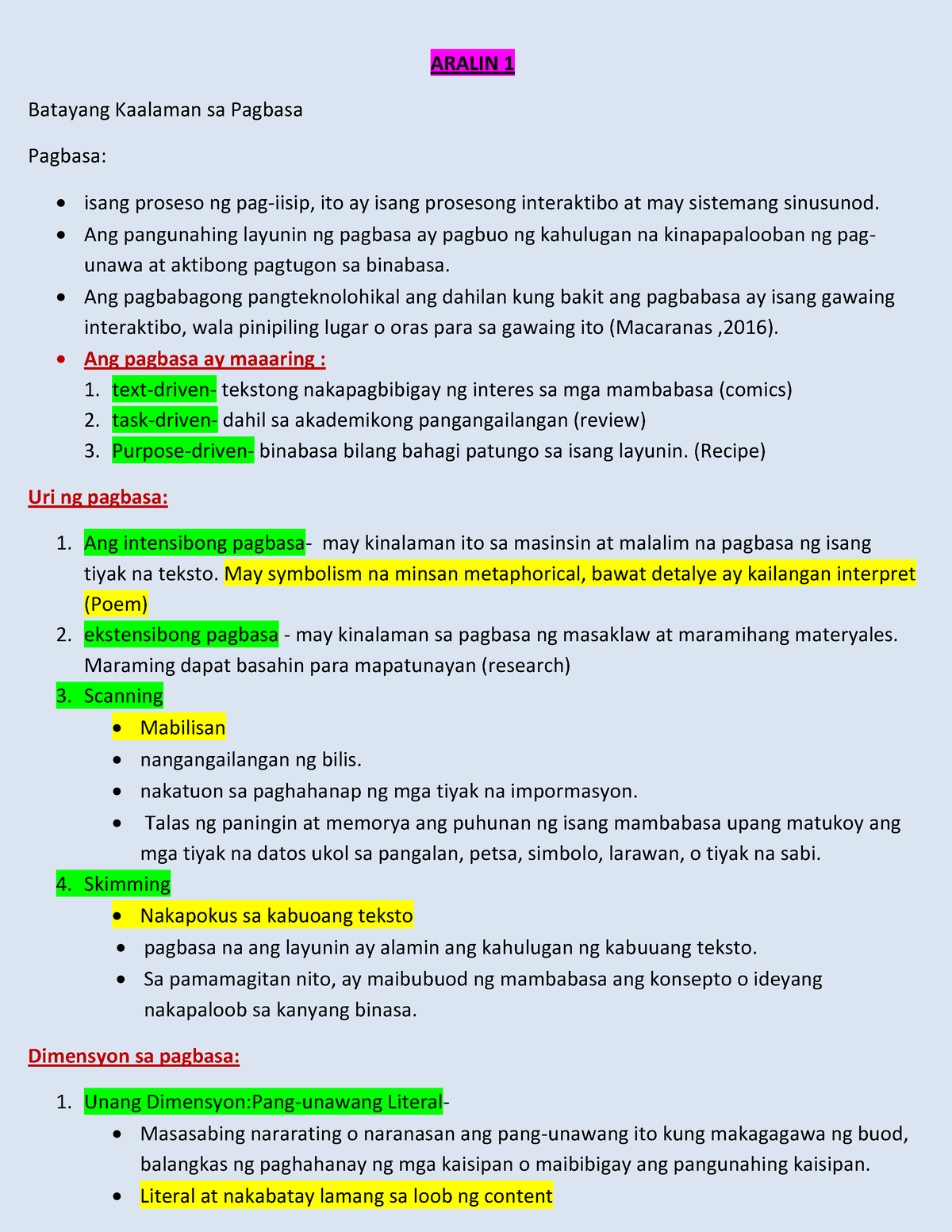 FIL Reviewer - ARALIN 1 Batayang Kaalaman Sa Pagbasa Pagbasa: Isang ...