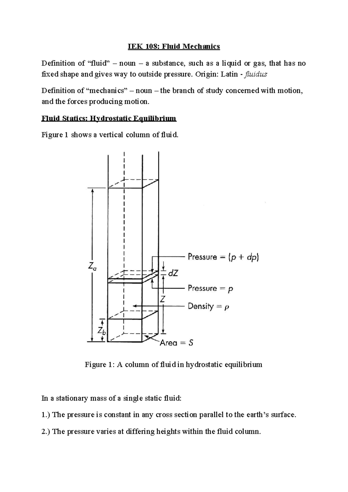 IEK 108 Lecture IEK108 Fluid Mechanics Note 1 IEK 108 Fluid