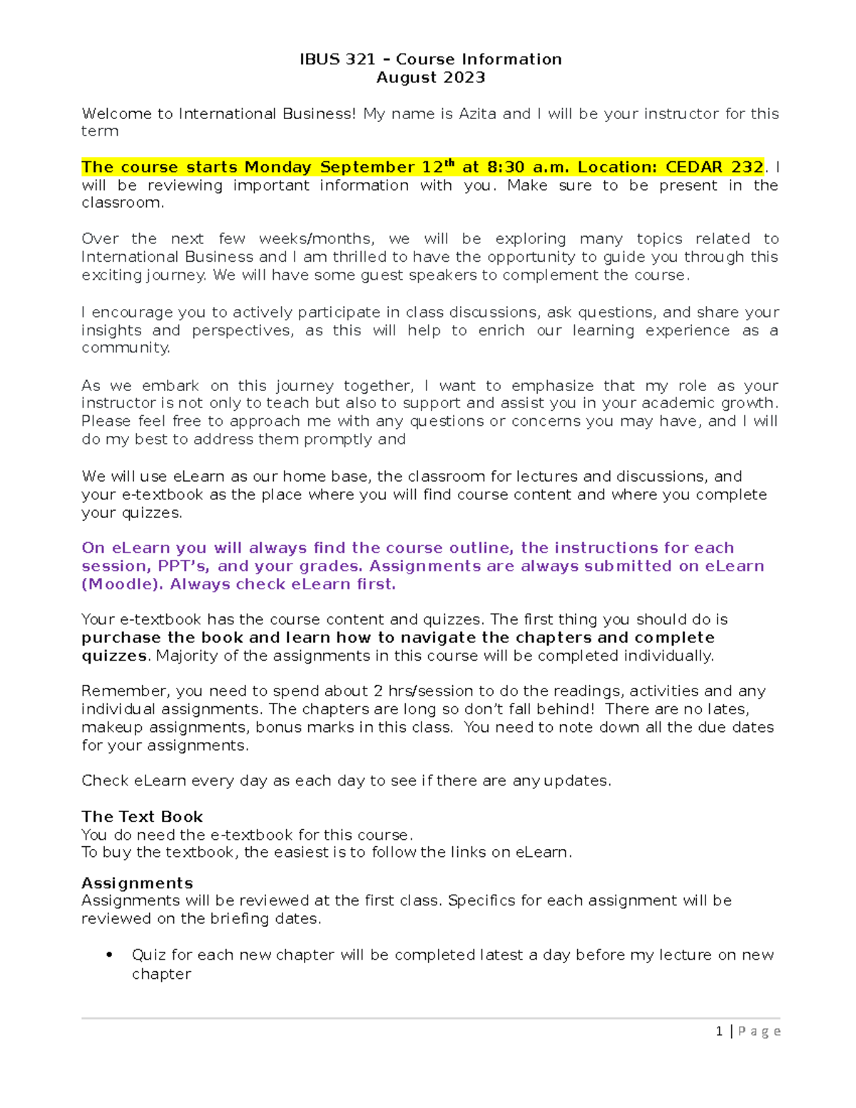 Course Welcome Letter to Students Fall 2023 - IBUS 321 – Course ...