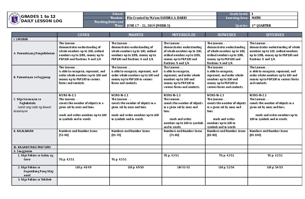 DLL MATH 1 Q1 W3 - dll - GRADES 1 to 12 DAILY LESSON LOG School: Grade ...