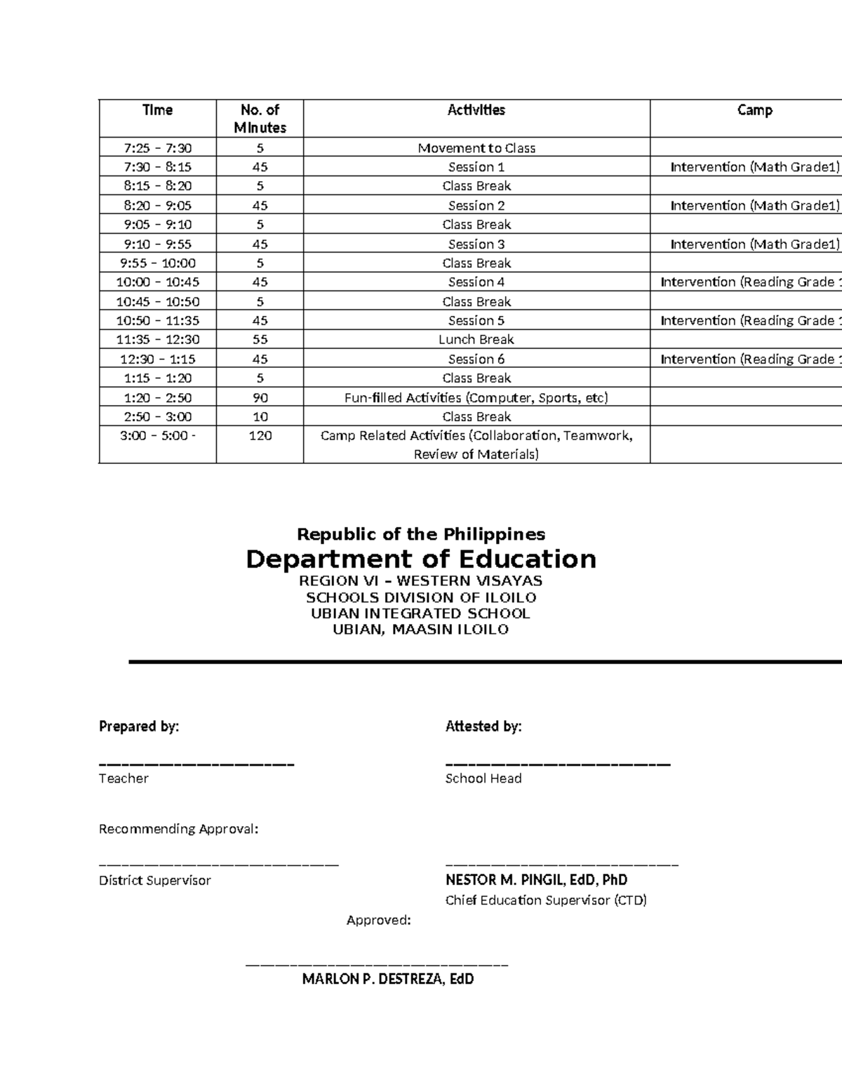 CLASS PROGRAM for National Learning Camp for Volunteer Teachers and ...
