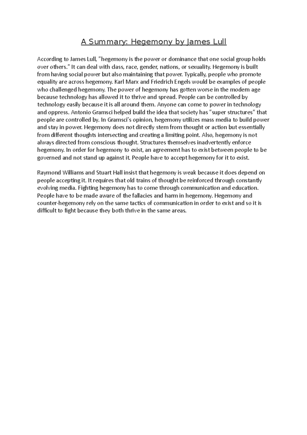 A Summary Hegemony by James Lull A Summary Hegemony by James Lull