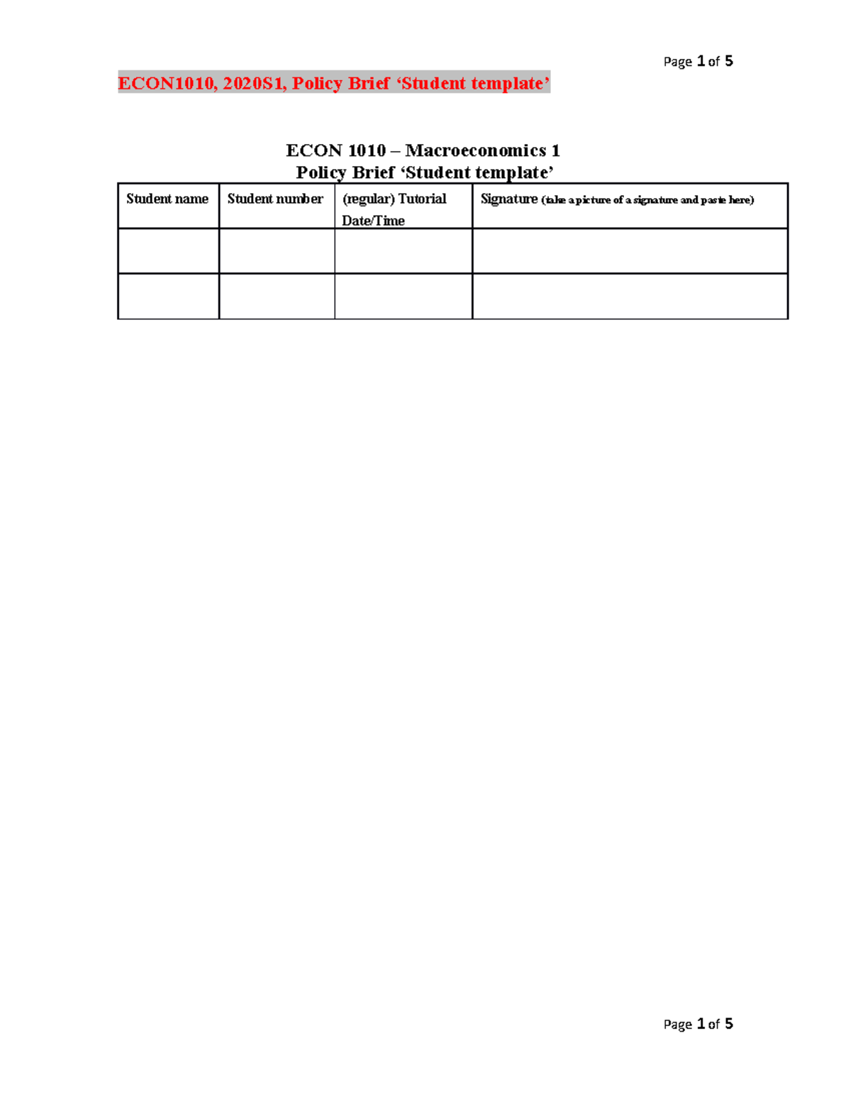 Student template Part A Clean-2 - ECON1010, 2020S1, Policy Brief ...