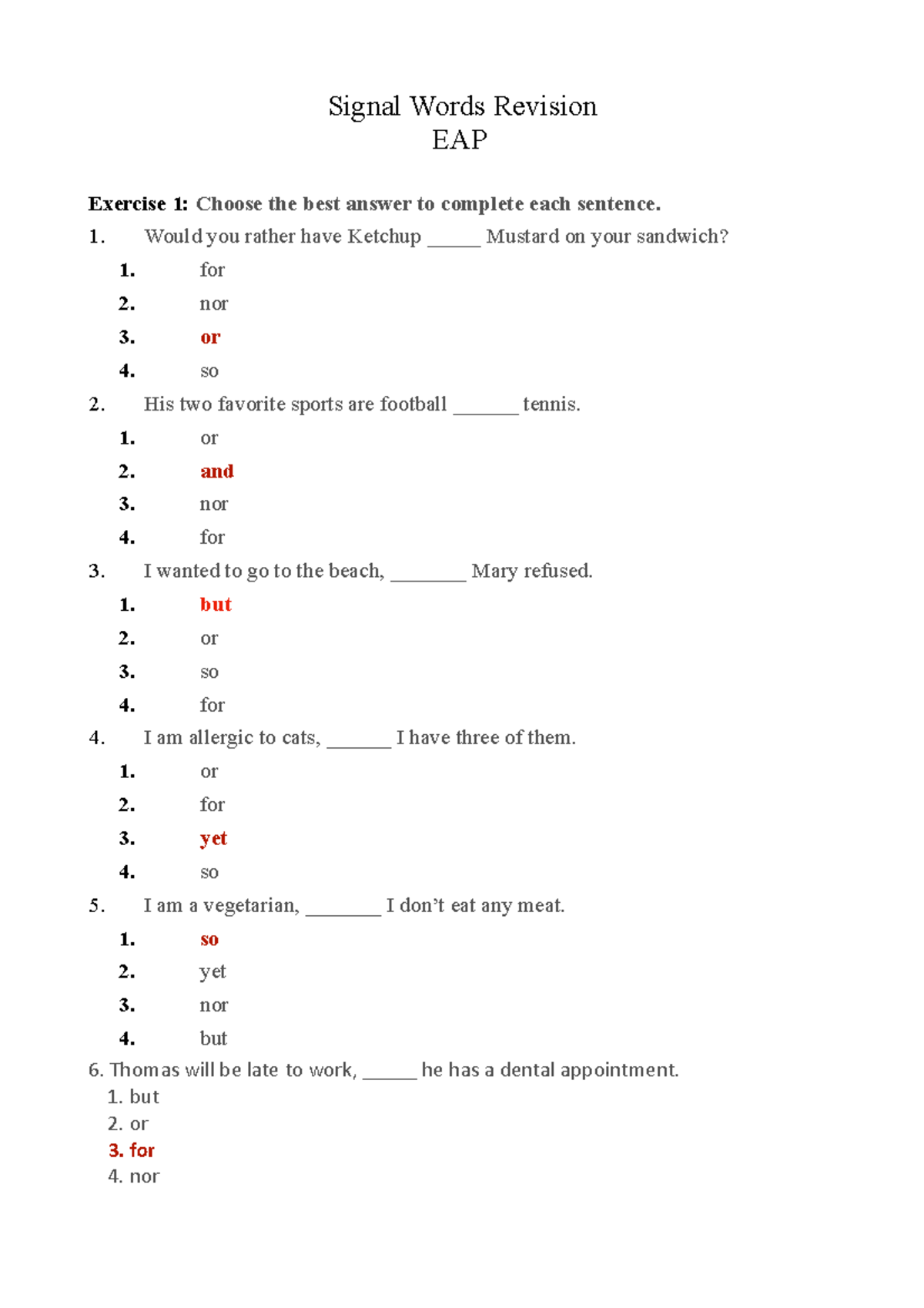 Signal Words Revision answers Signal Words Revision EAP Exercise 1