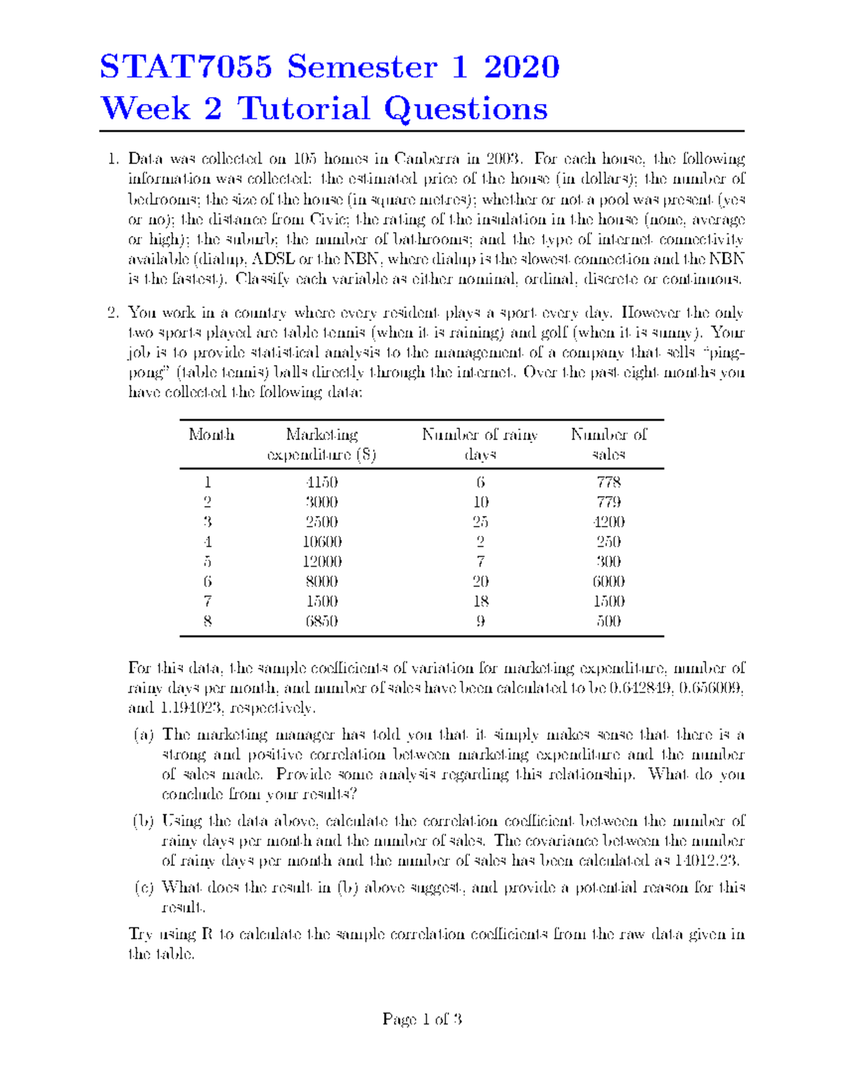 Week 2 Tutorial - STAT7055 Semester 1 2020 Week 2 Tutorial Questions ...