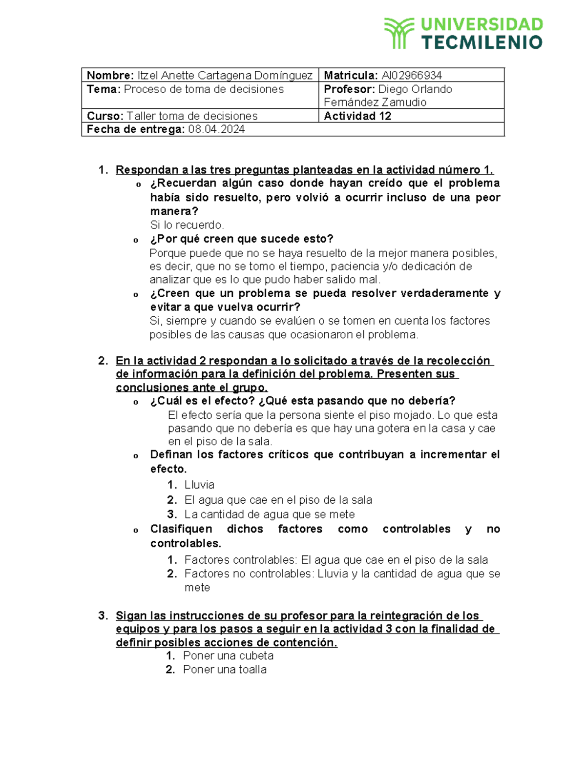 Actividad 12 taller de planeacion y toma de decisiones - Nombre: Itzel ...