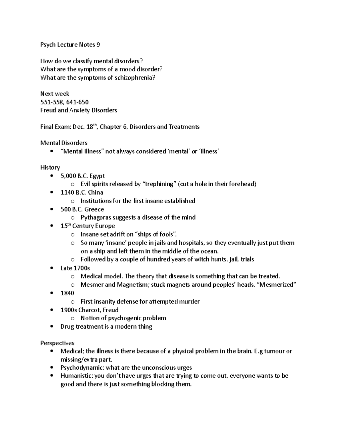 Psych Lecture Notes 9 - 18th, Chapter 6, Disorders and Treatments ...