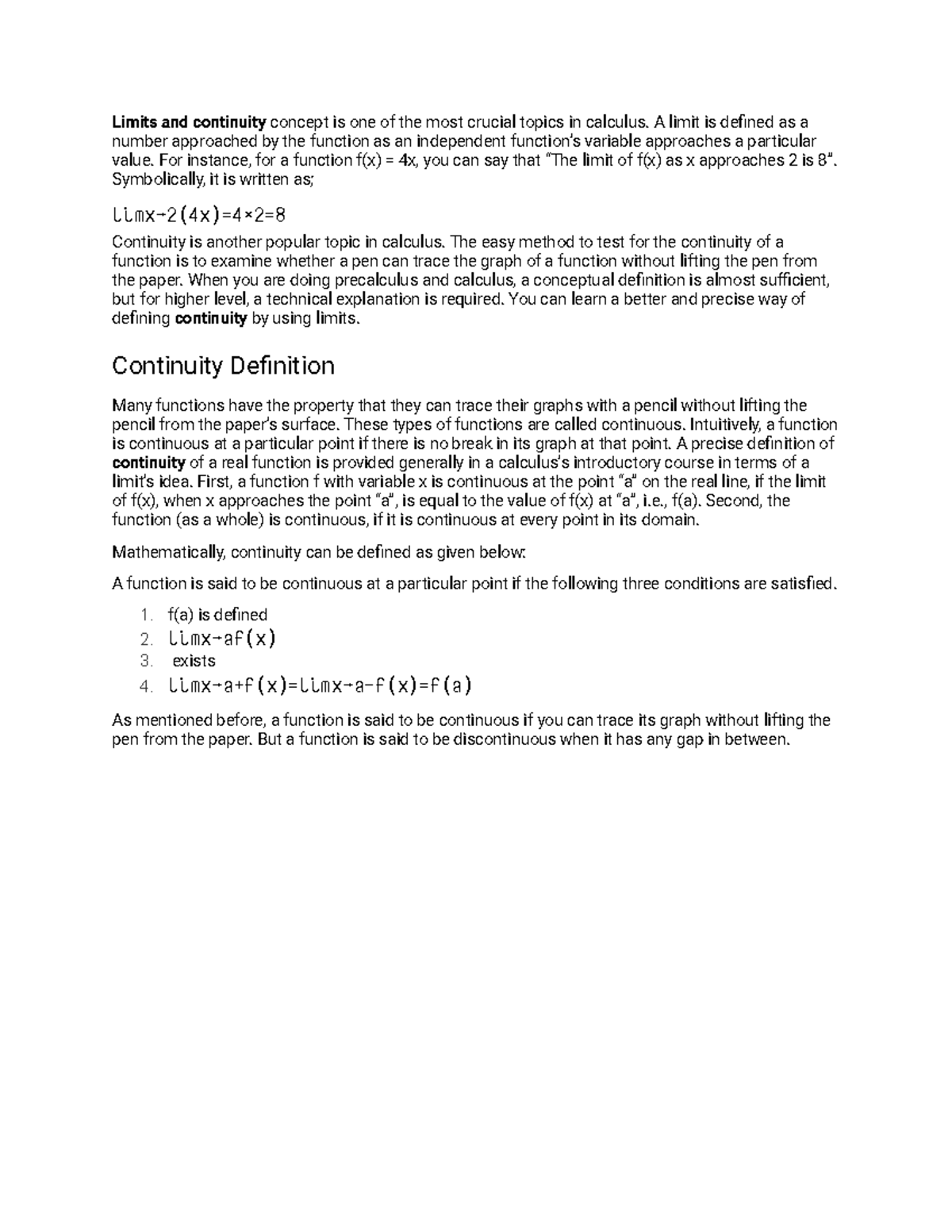 Limits And Continuity Formula Sheet