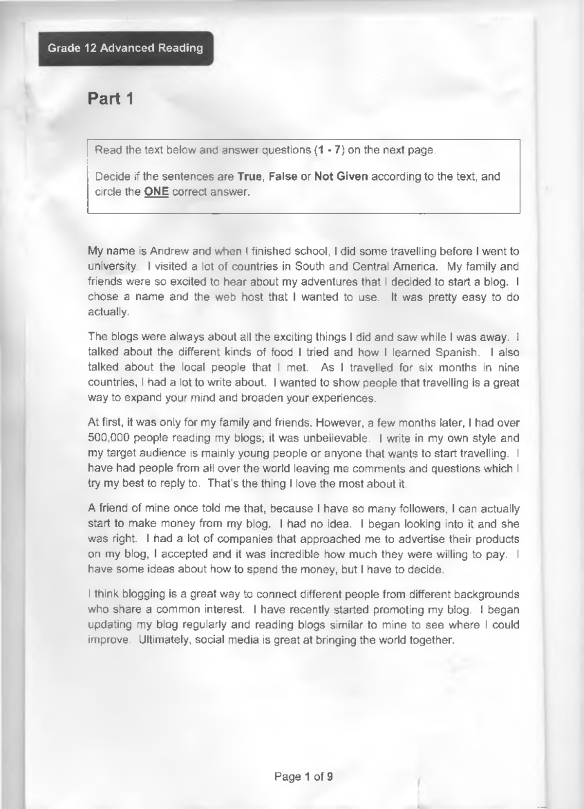 Grade 12 3 2017 - Exam practice for the English language course. The ...