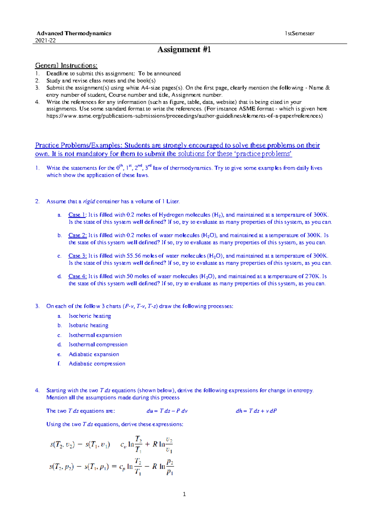 Assignment 1 Draft Version Pt1 1 Advanced Thermodynamics 1st Semester