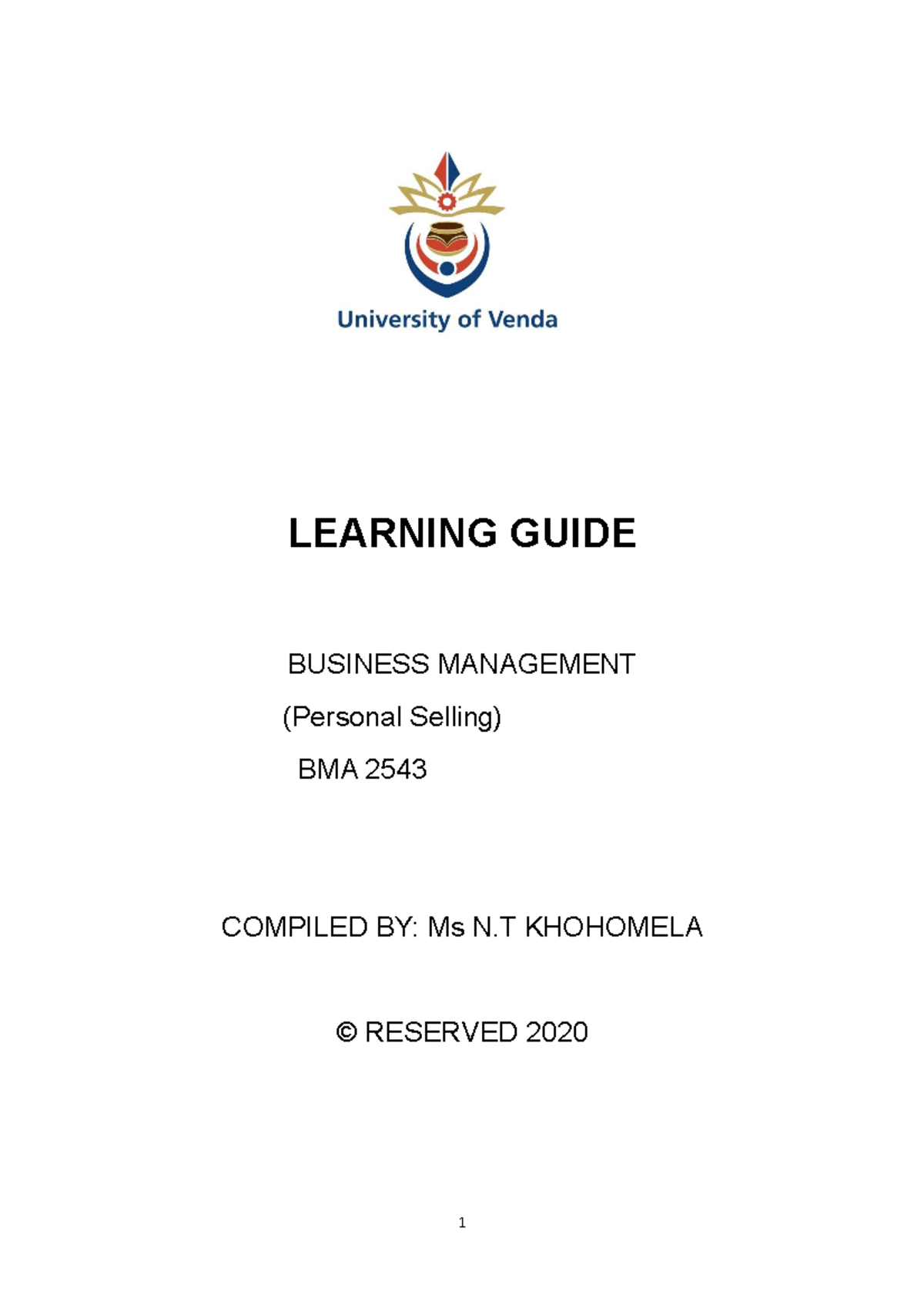 BMA 2543 Course Outline 2021 - LEARNING GUIDE BUSINESS MANAGEMENT ...