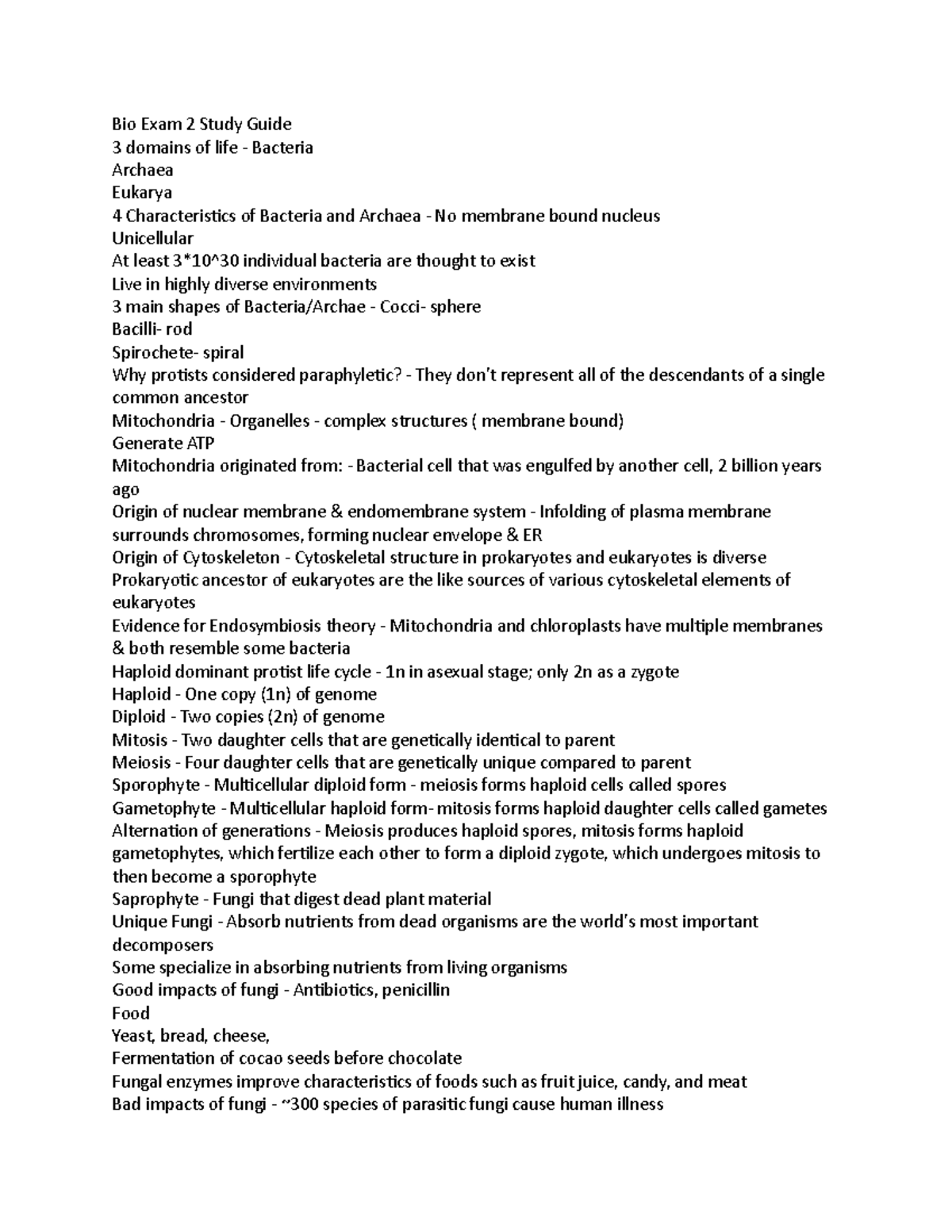 Bio Exam 2 Study Guide - Lecture notes 1-3 - Bio Exam 2 Study Guide 3 ...