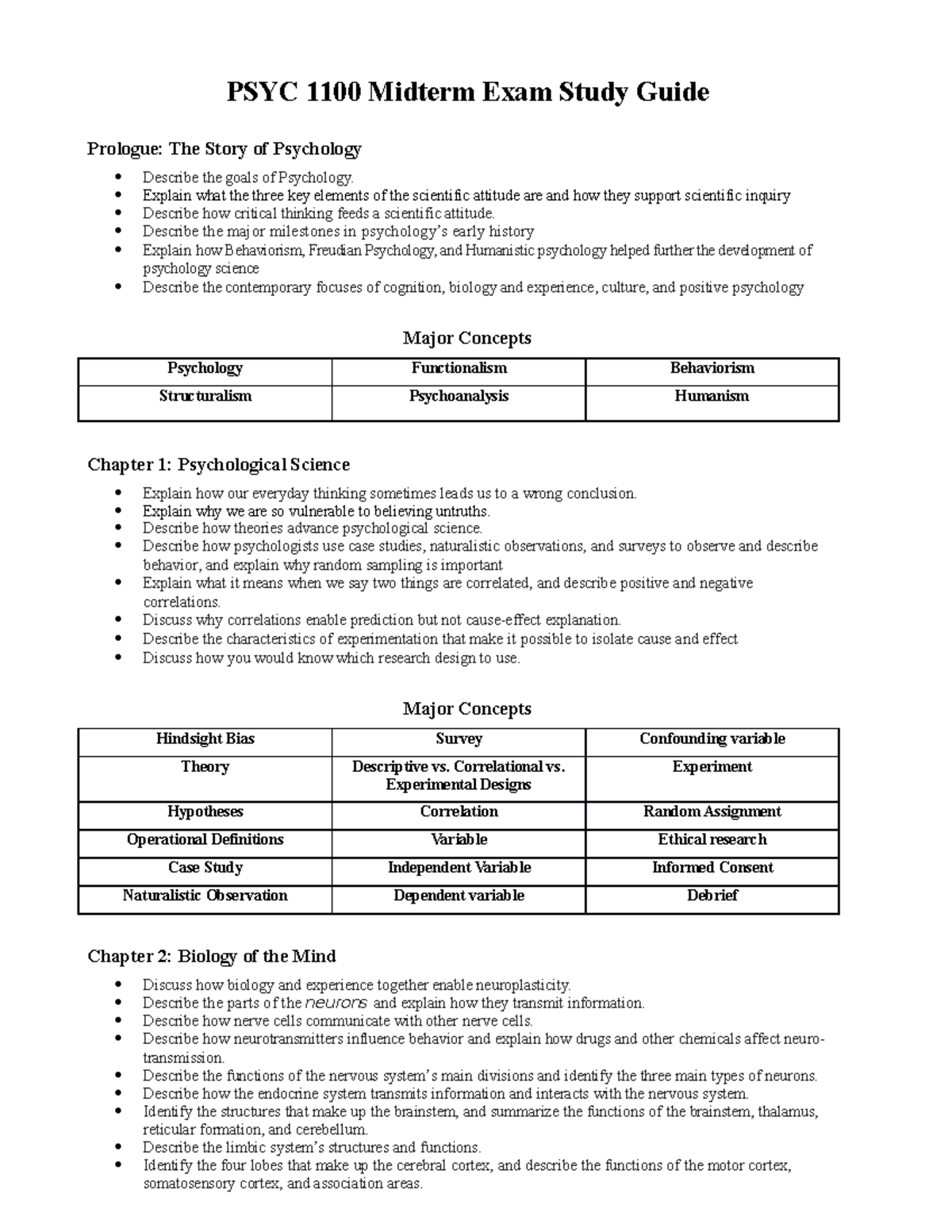 PSYC 1100 Midterm Exam Study Guide - Fall 2022 - PSYC 1100 Midterm Exam 