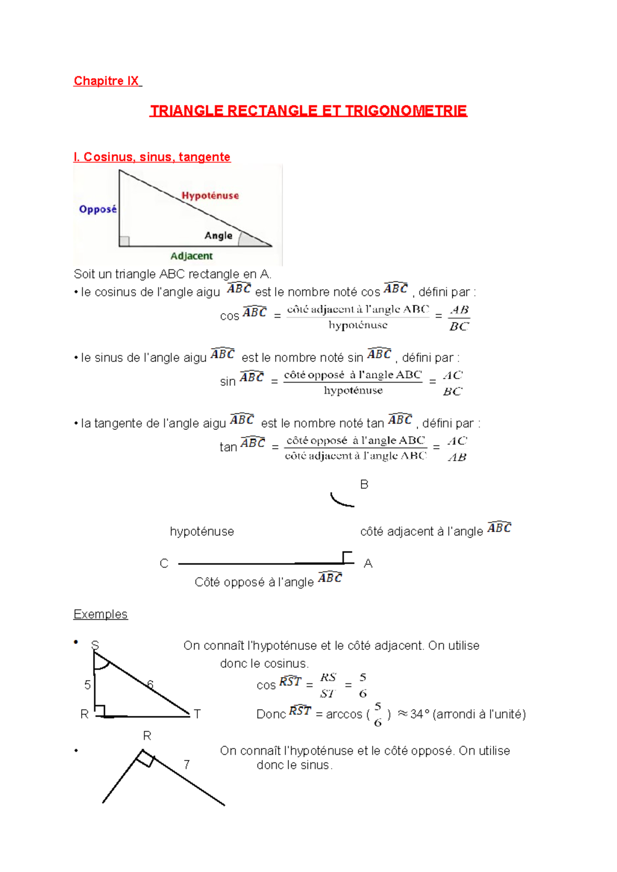 Trigonométrie - Chapitre IX TRIANGLE RECTANGLE ET TRIGONOMETRIE I ...