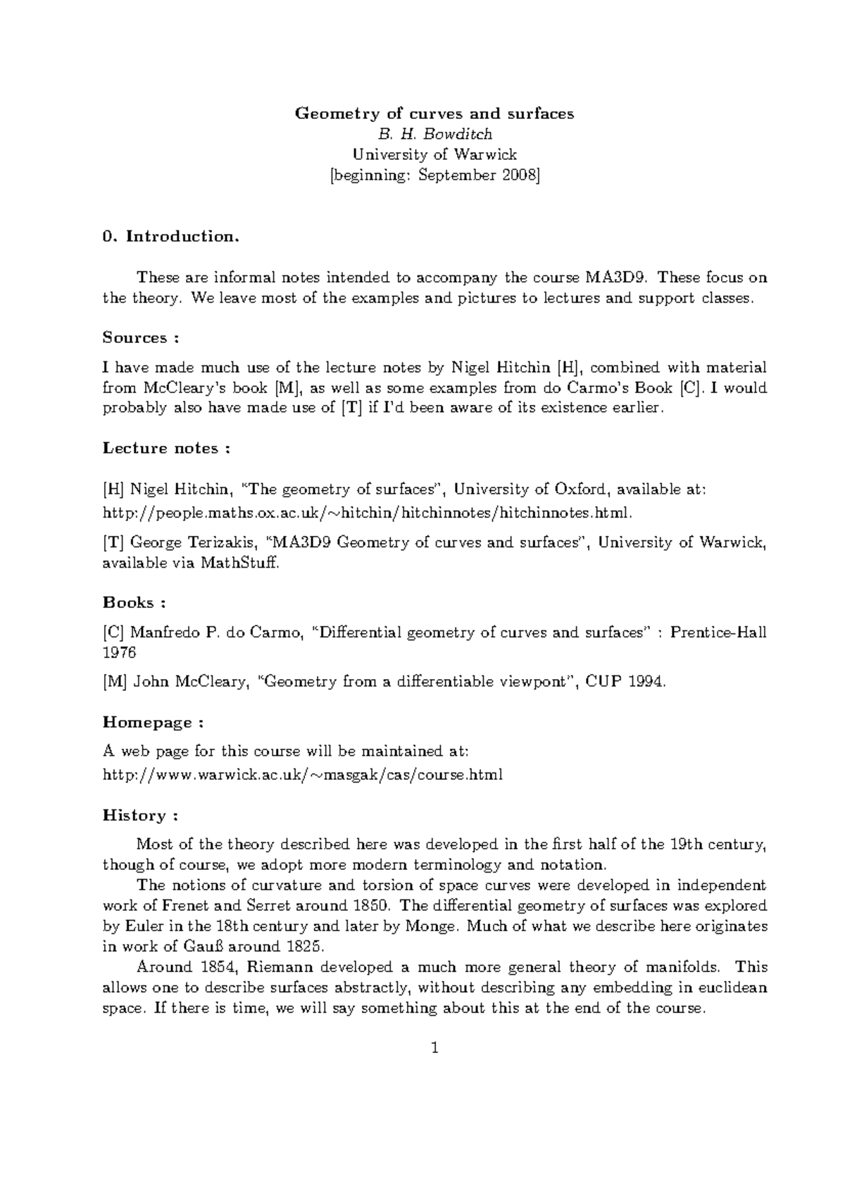 MA3D9 2008-2009 Notes 1 - Introduction - Geometry of curves and ...
