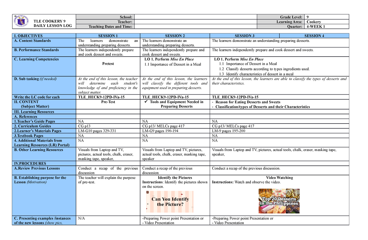 Cookery 9 DLL Q4 - Module - 9 TLE COOKERY 9 DAILY LESSON LOG School ...